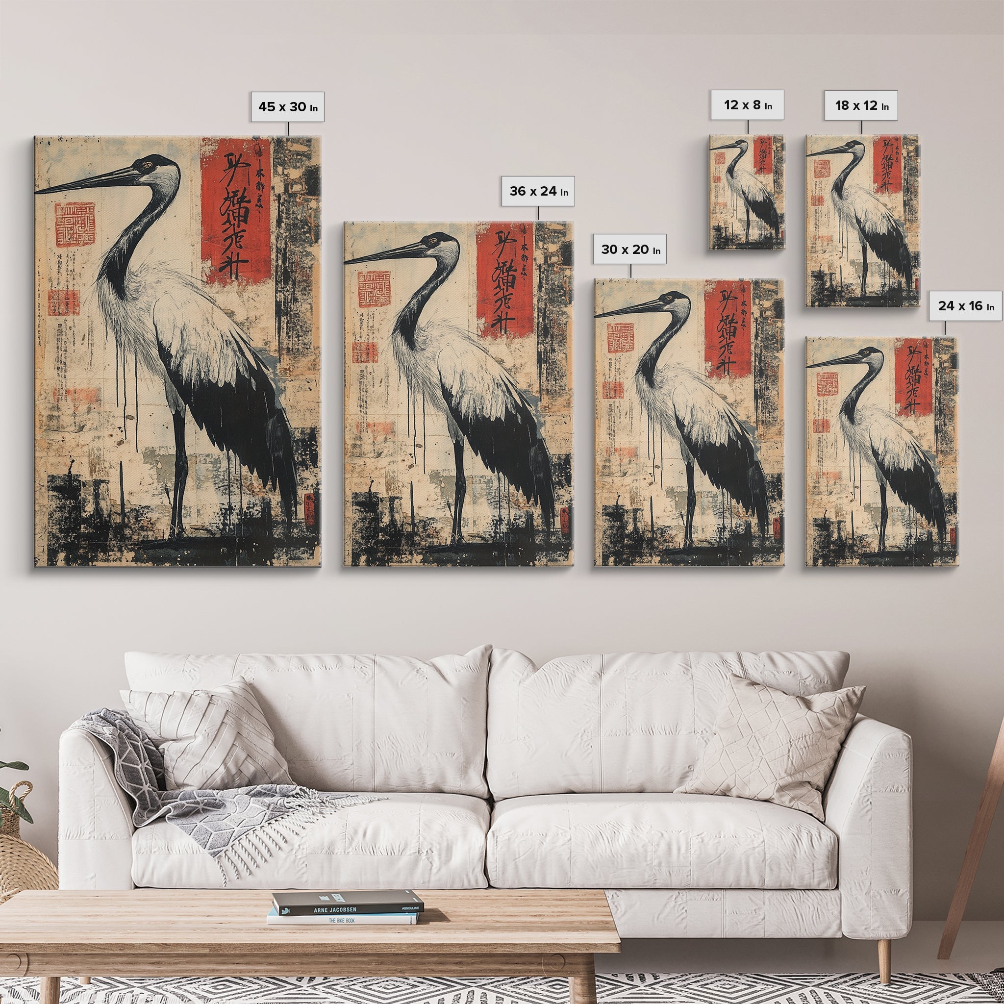 Blue Heron Wall Art Framed Canvas Print Ready To Hang, Japanese Style Wabi Sabi Art, Coastoal Decor