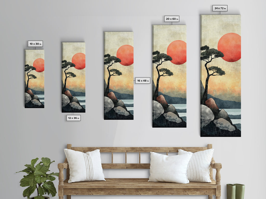 Japanese Landscape with Sunset Canvas Print, Red Sun Over Mountains, Minimalist Nature Art, Coastal Wall Art, Framed Canvas Print, Boho Decor