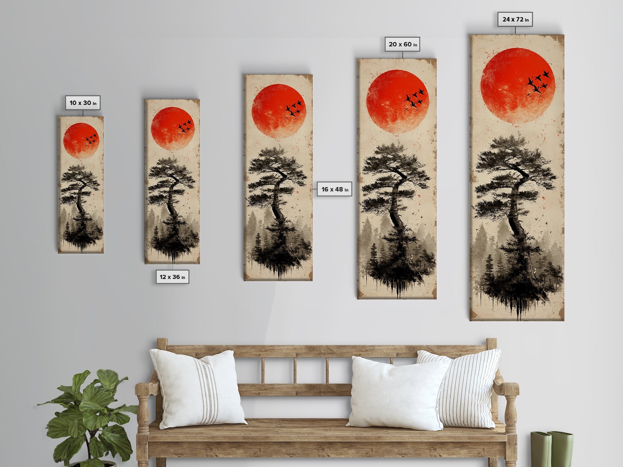 Bold Red Sun Pine Tree Framed Canvas Print Japanese Inspired Minimalist Wall Art Rustic Zen Decor Unique Vertical Nature Artwork