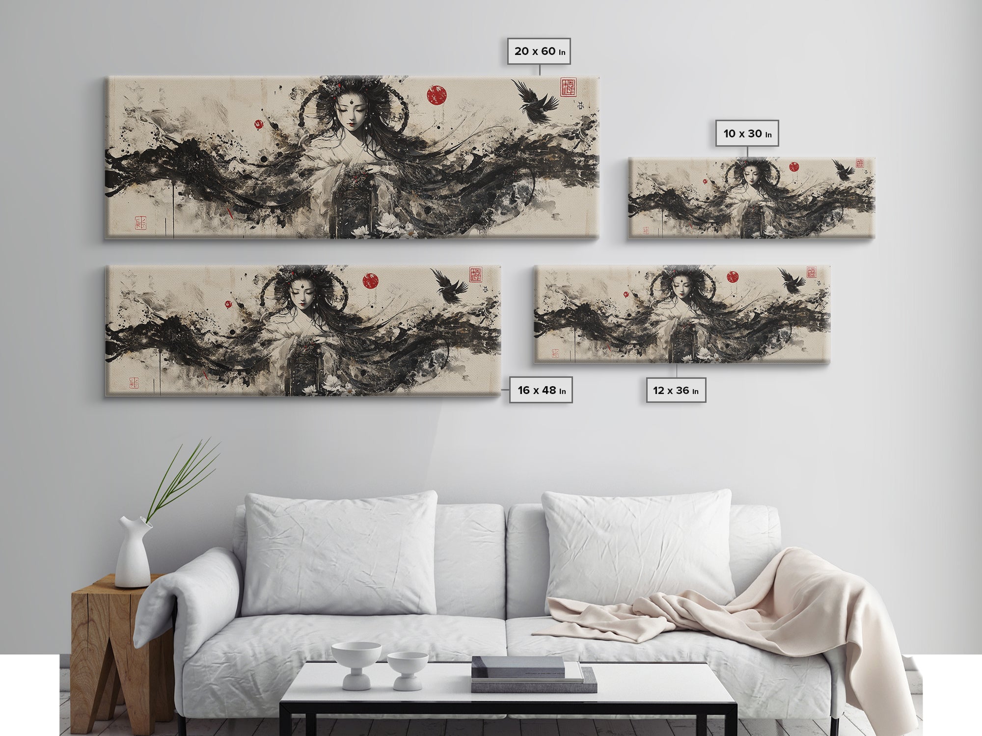Ethereal Goddess Framed Canvas Print Moody Art Japanese-Style Dark Angels Wall Art Feminine Zen Artwork Rustic Decor