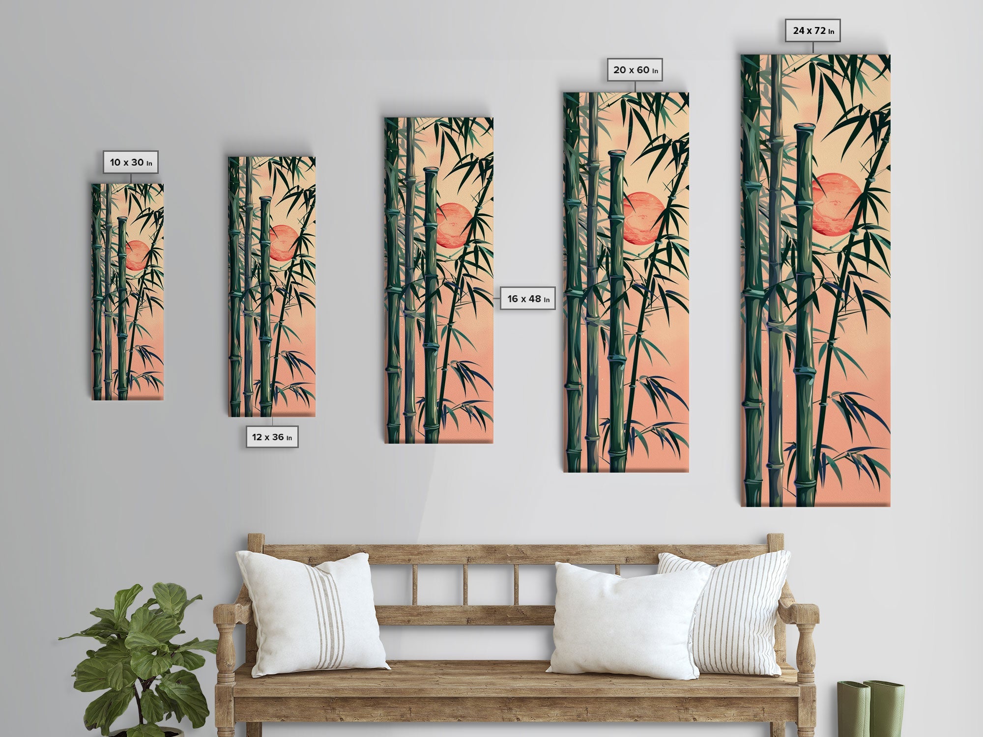 Framed Canvas Print Of Bamboo Stalks And Red Sun, Traditional Japanese Style Wall Art Ready To Hang For Asian Inspired Decor