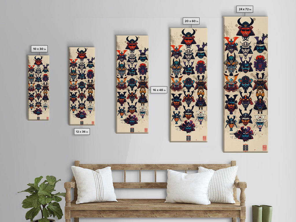 Canvas Print Traditional Japanese Samurai Helmets Collection, Intricate Details In Warrior Masks, Bold Cultural Decor For Any Space