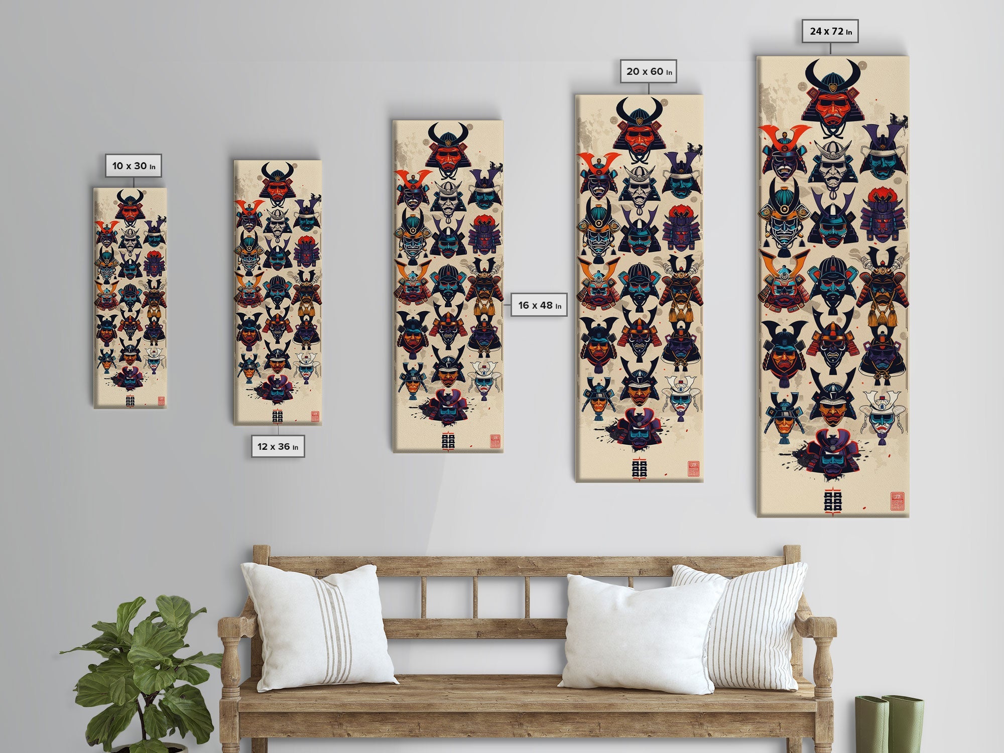 Canvas Print Traditional Japanese Samurai Helmets Collection, Intricate Details In Warrior Masks, Bold Cultural Decor For Any Space