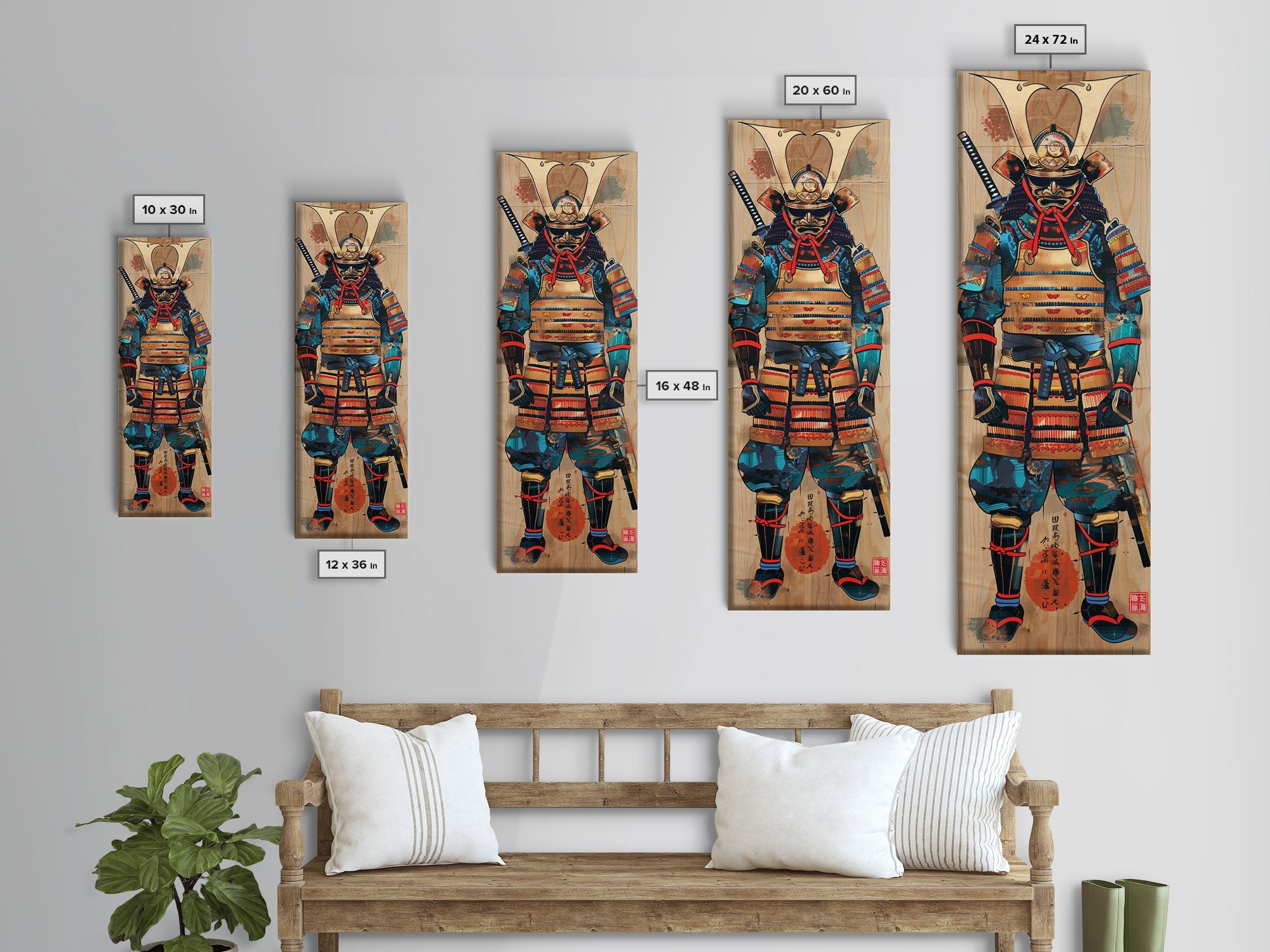 Skinny Art, Tall Art, Samurai Armor Wood Block Print Framed Canvas Print Japanese Style Art Ukiyo-e Art