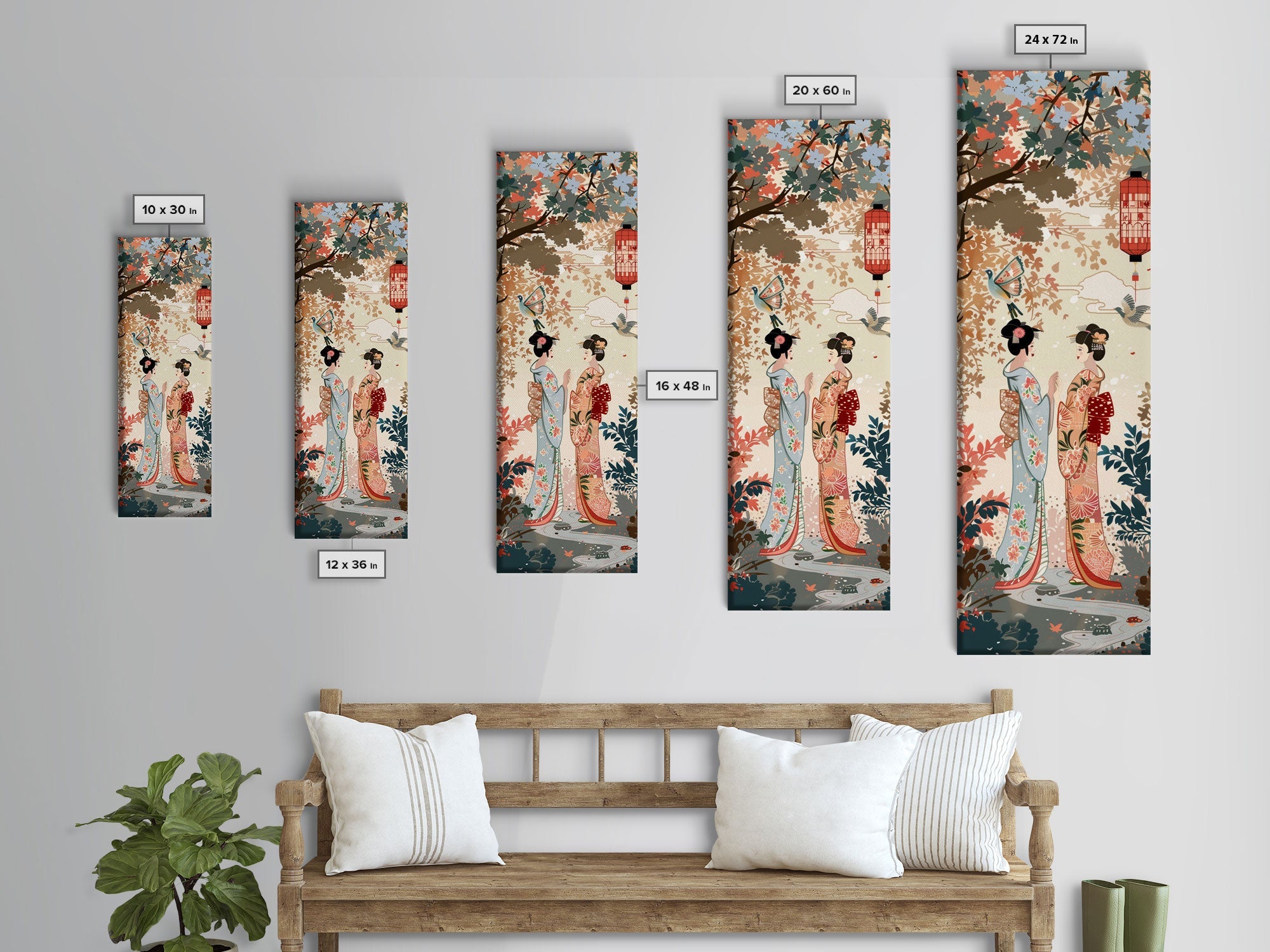 Traditional Geishas Skinny Art Tall Art Japanese Ukiyo-e Inspired Framed Canvas Print for Elegant Home and Office Decor