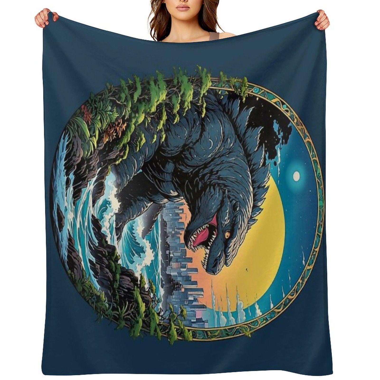 Godzilla Water Monster Gojira Retro Anime Japanese Art Throw Blanket