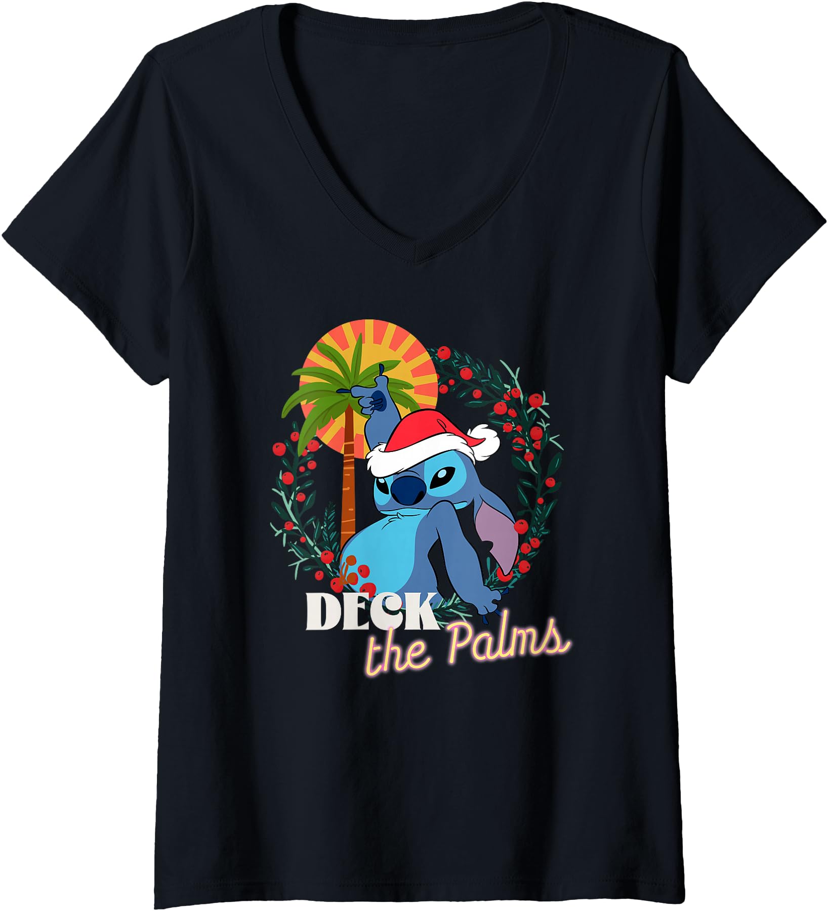 Womens Disney Lilo & Stitch Christmas Season Deck The Palms V-Neck