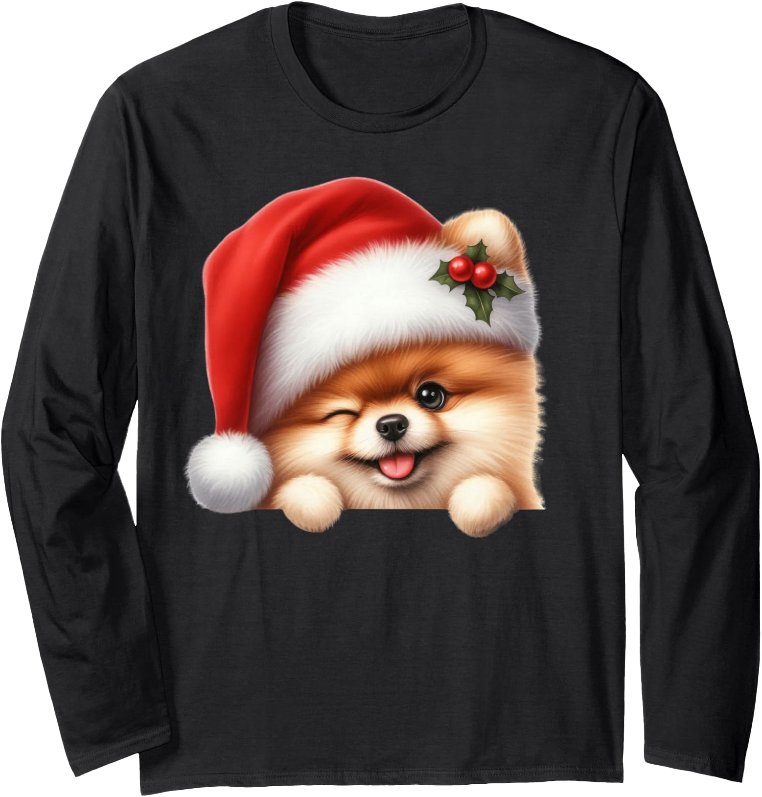 Pomeranian Dog Christmas Santa Hat Dog Mom Dad Pom Pom Long Sleeve