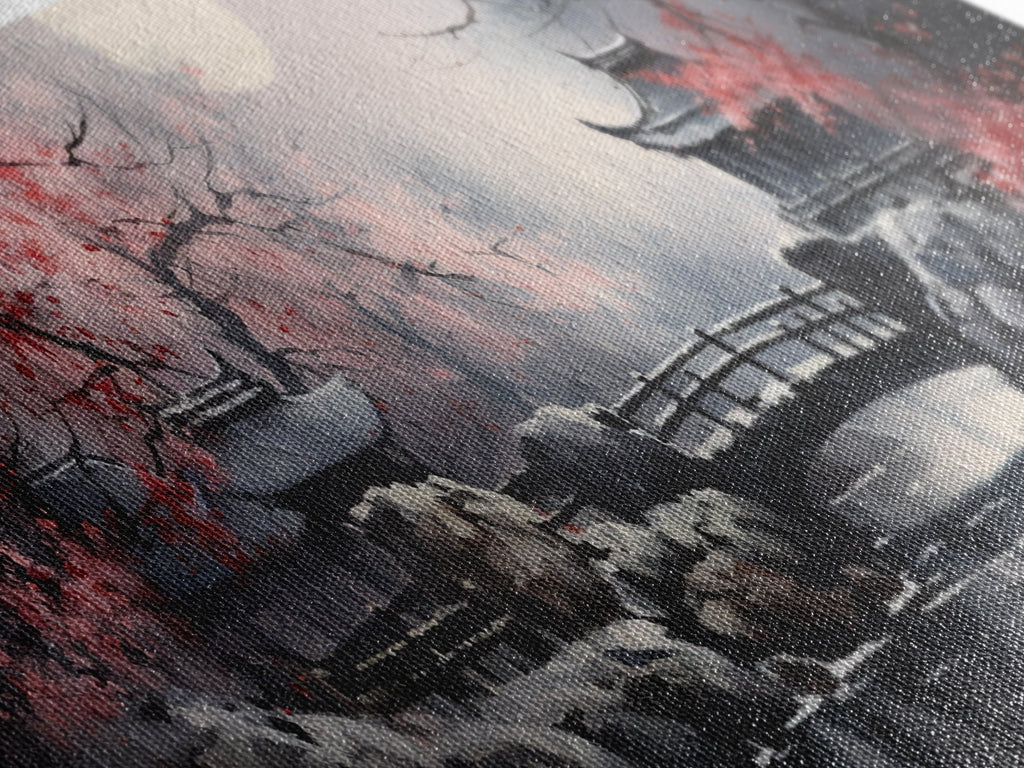 Japanese Hashi Bridge in The Spring, Framed Canvas Print, Japanese Maple Trees Along A Stream, Asian Inspired Artwork