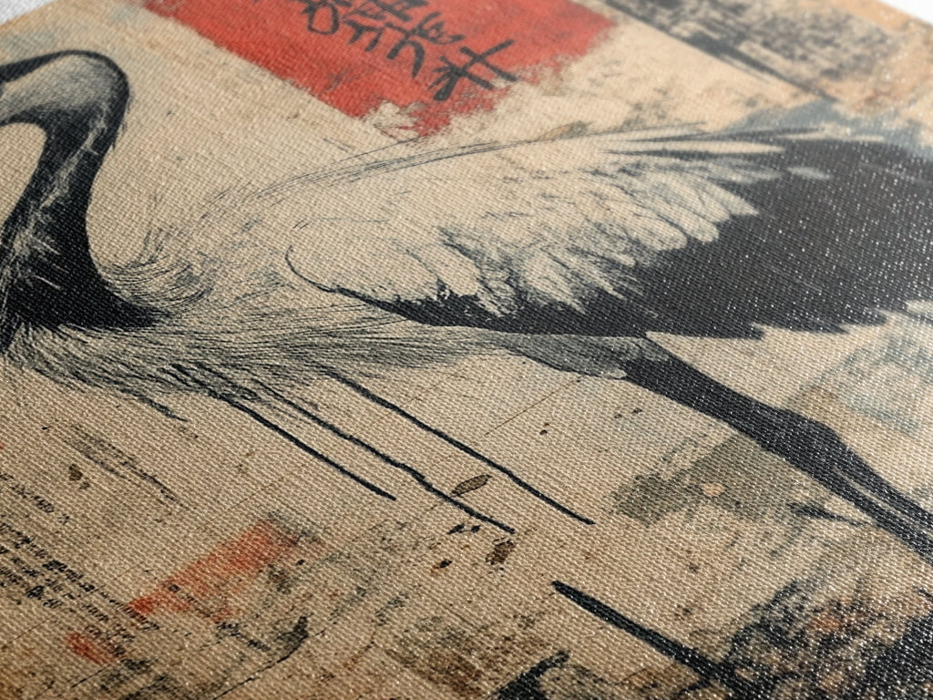 Blue Heron Wall Art Framed Canvas Print Ready To Hang, Japanese Style Wabi Sabi Art, Coastoal Decor