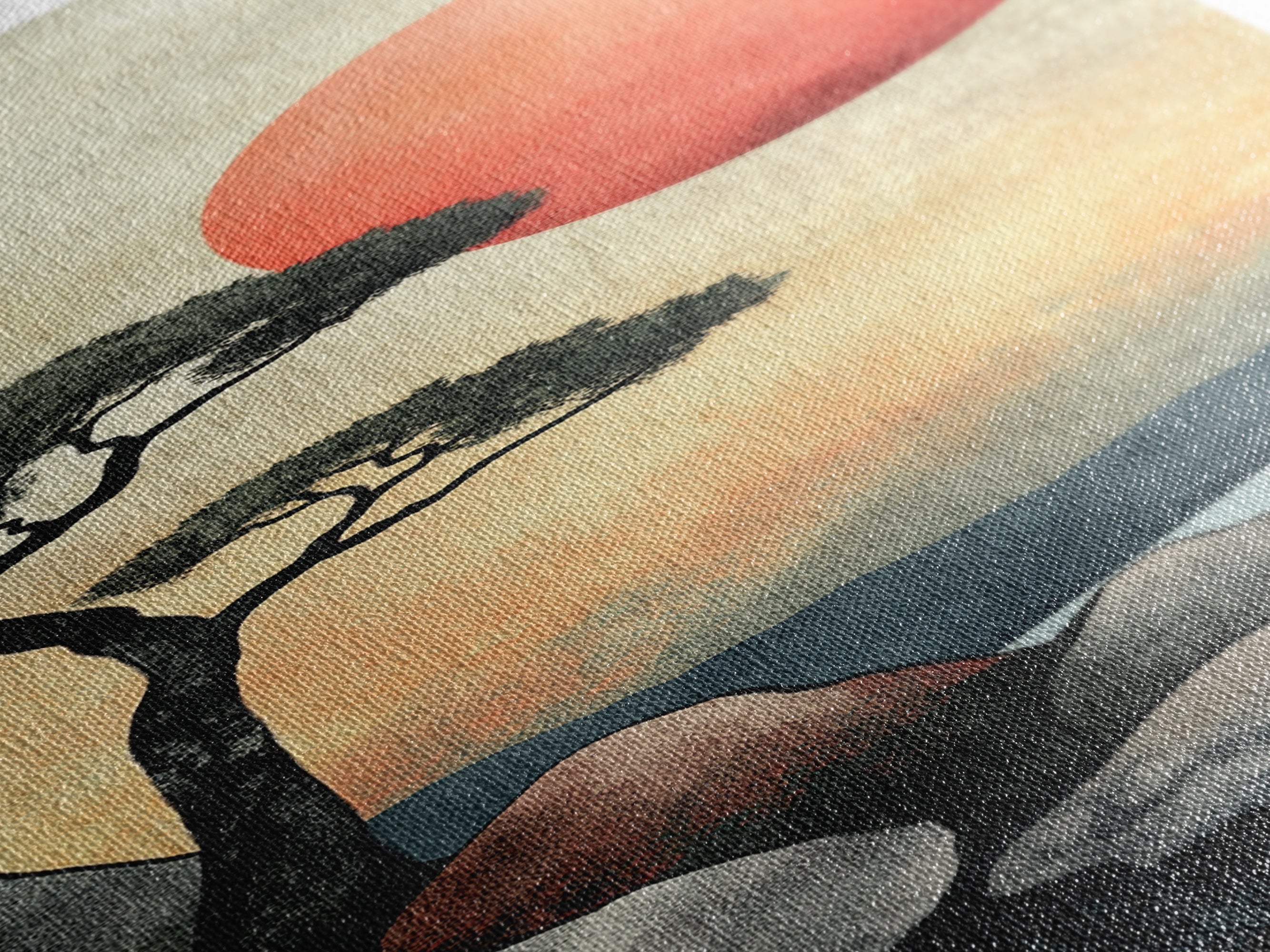 Japanese Landscape with Sunset Canvas Print, Red Sun Over Mountains, Minimalist Nature Art, Coastal Wall Art, Framed Canvas Print, Boho Decor