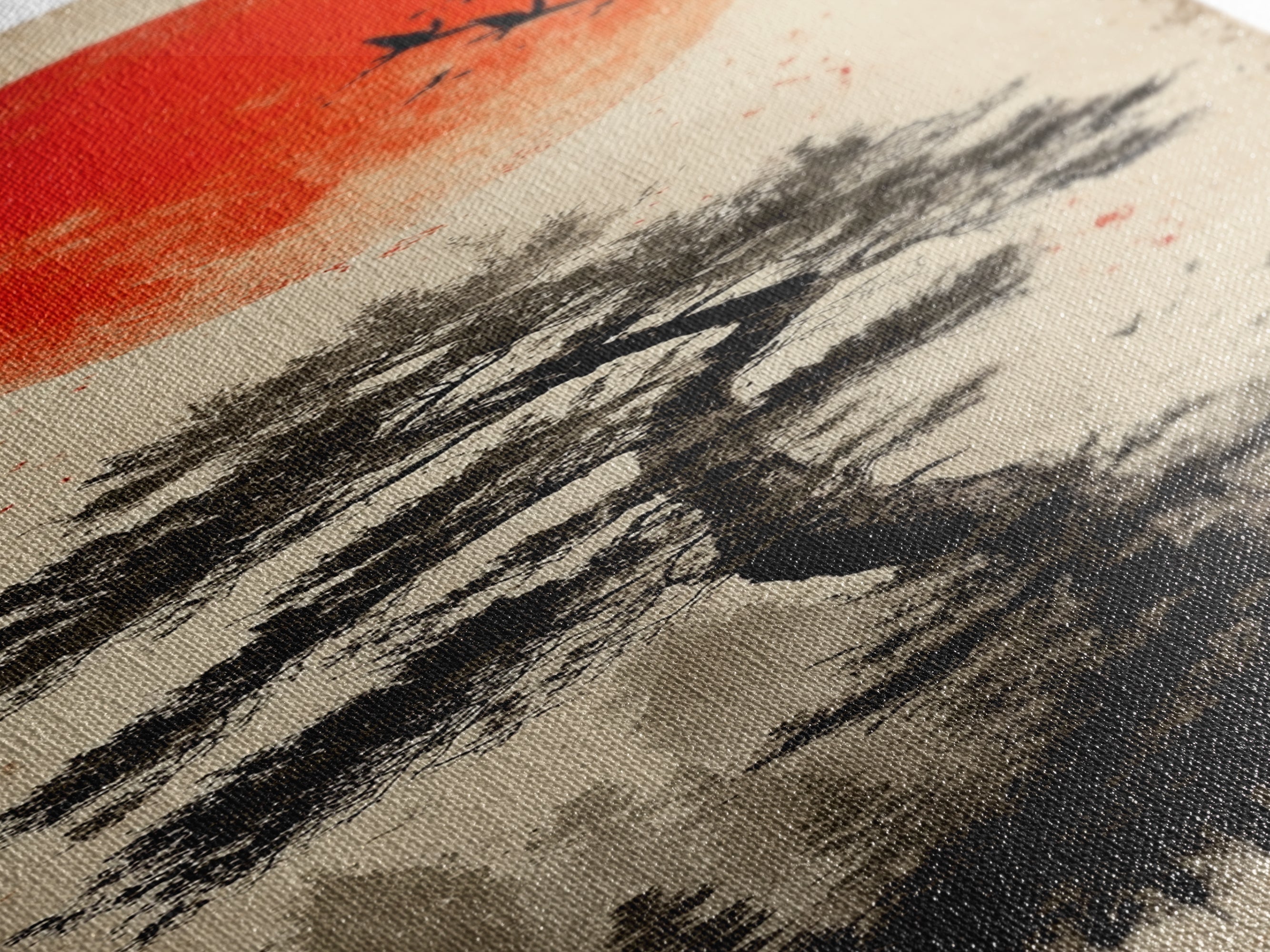 Bold Red Sun Pine Tree Framed Canvas Print Japanese Inspired Minimalist Wall Art Rustic Zen Decor Unique Vertical Nature Artwork