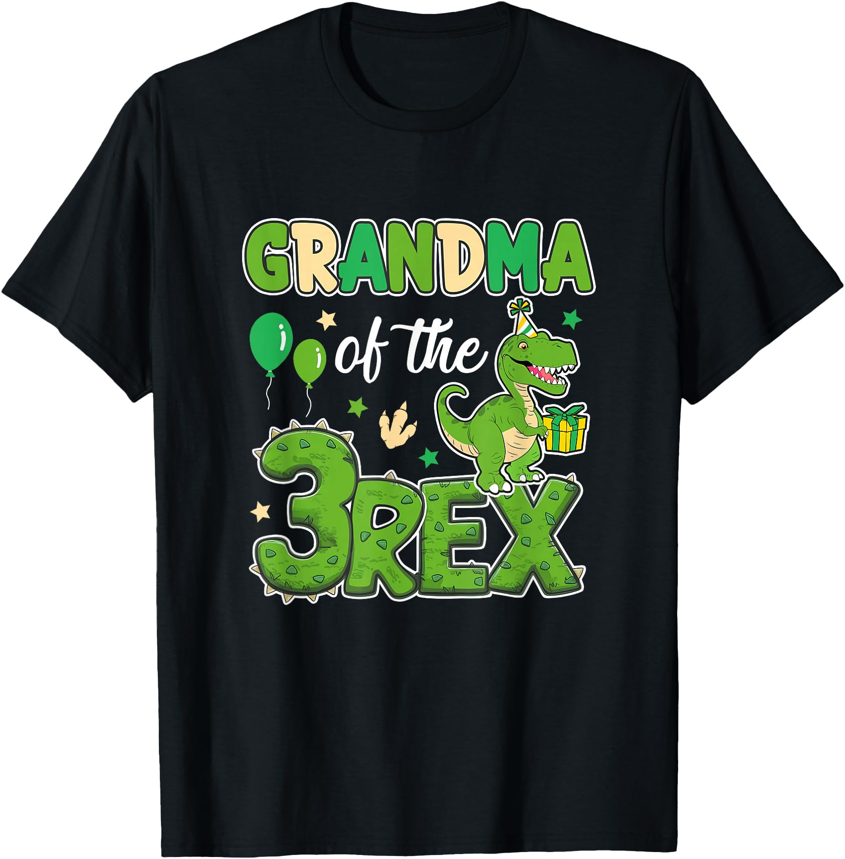 Grandma Of The Birthday Boy Dinosaur T-Rex Family Matching T-Shirt - Unisex-Adults, - Black - Short Sleeve - V-Neck - Small - Modern - Cartoon - Animals - Birthday - Dinosaur-themed