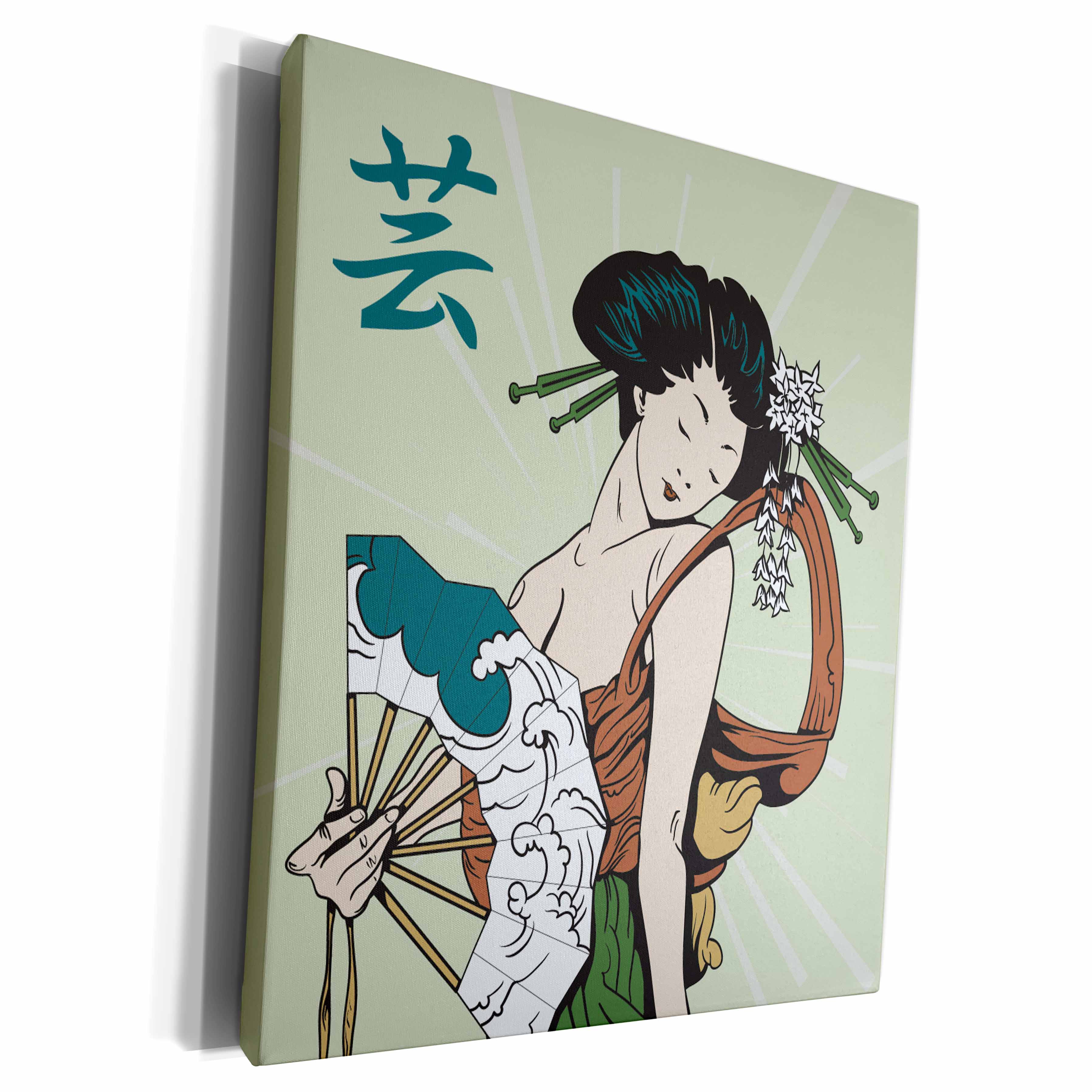 3dRose Lovely Geisha Woman Holding Japanese Fan With Kanji... - Museum Grade Canvas Wrap (cw_116180)