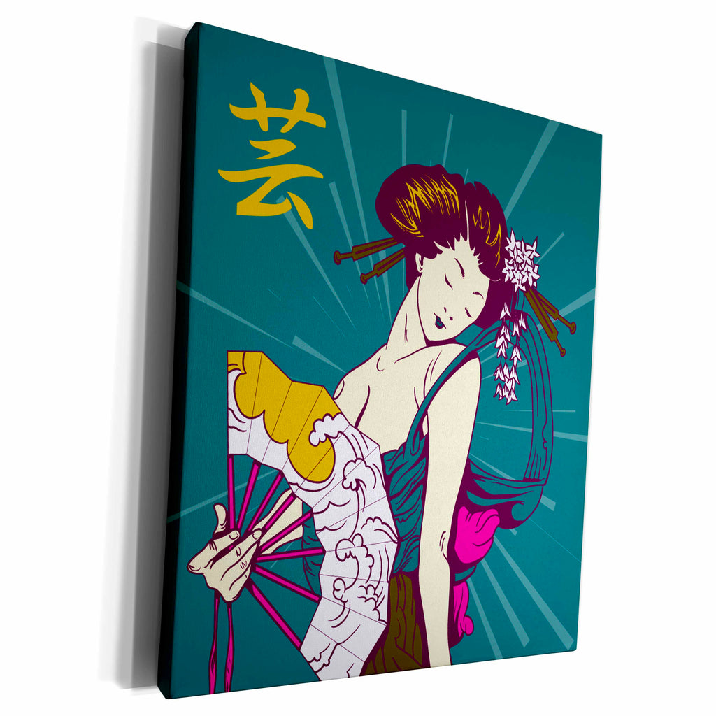 3dRose Pretty Geisha Woman Holding Japanese Fan With Kanji... - Museum Grade Canvas Wrap (cw_116182)