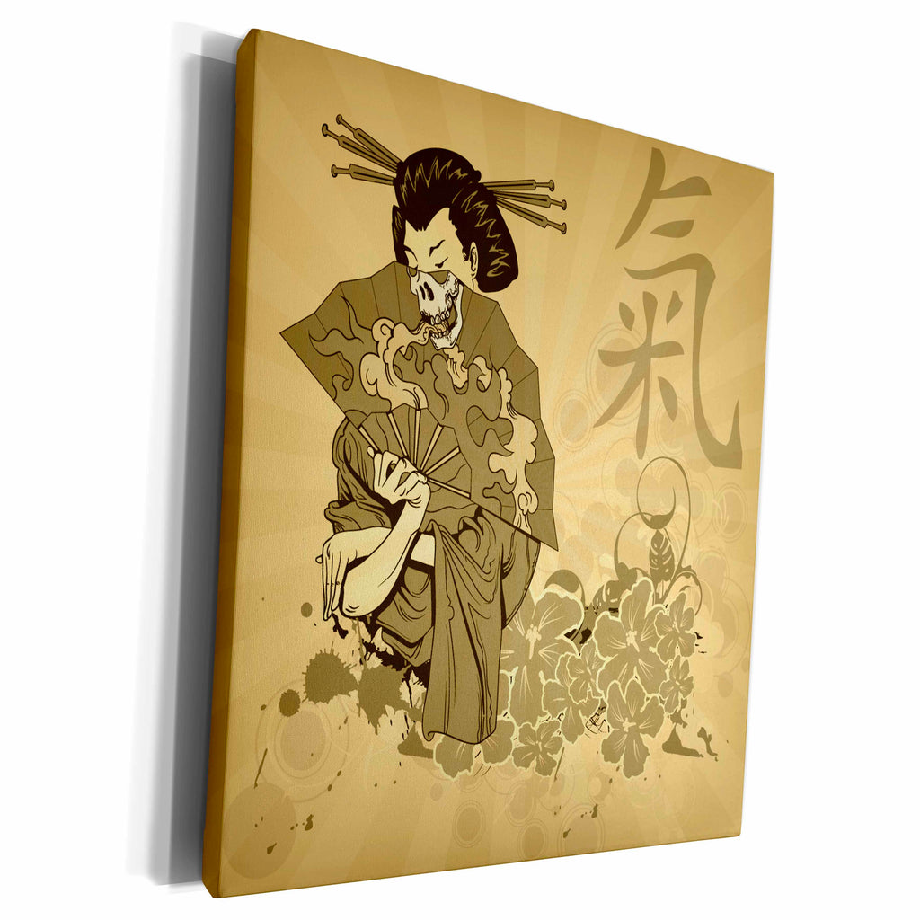 3dRose Oriental Geshia Woman Skull Japanese Fan and Sakura... - Museum Grade Canvas Wrap (cw_116376)
