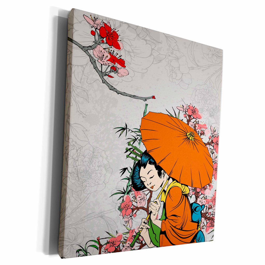3dRose Lovely Japanese Geisha WIth Umbrella And Sakura... - Museum Grade Canvas Wrap (cw_119153)