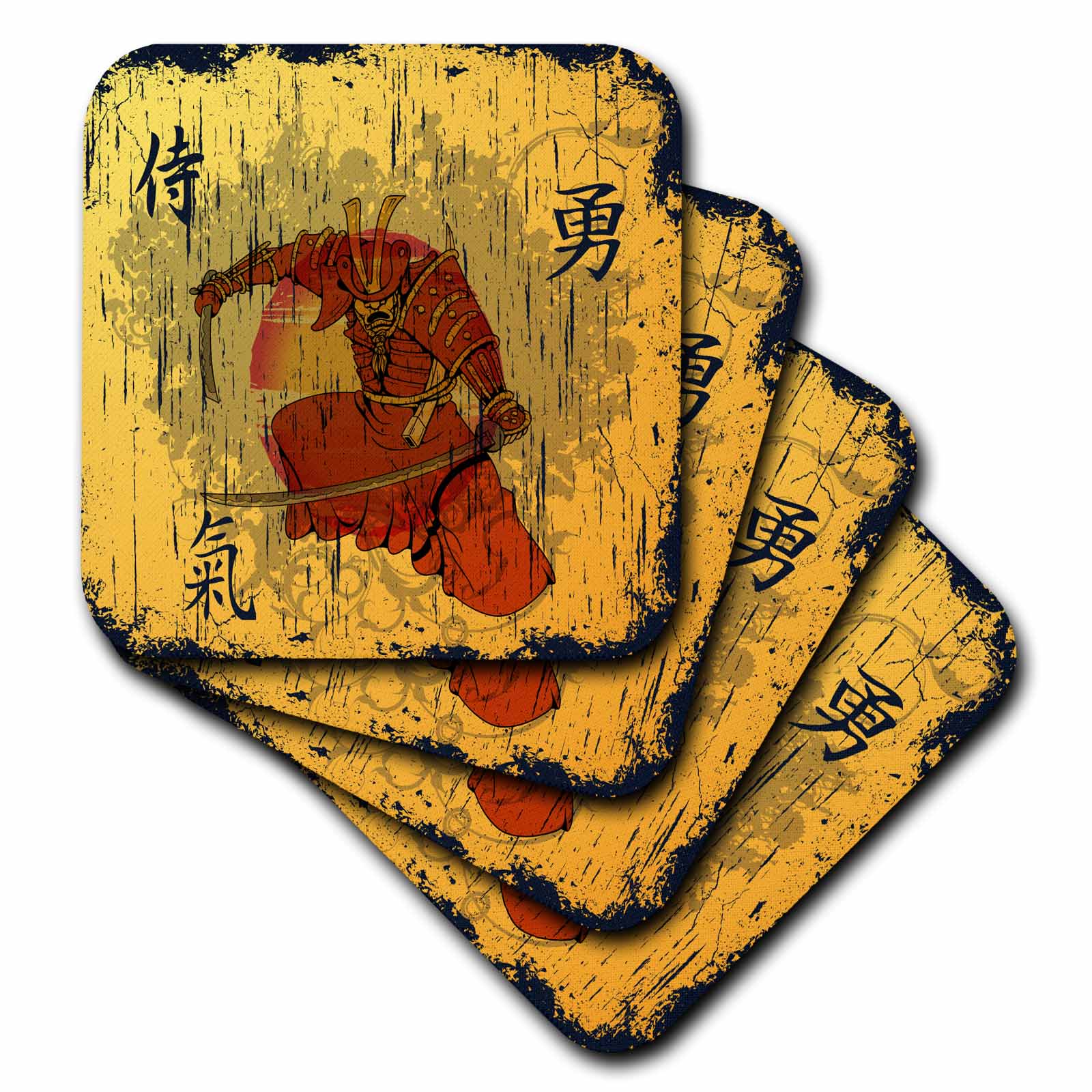 3dRose Dooni Designs Oriental Inspired Designs - Japanese Samurai with Swords Kanji Brave Energy Samurai Symbols Oriental Design - Coasters (CST_116373)