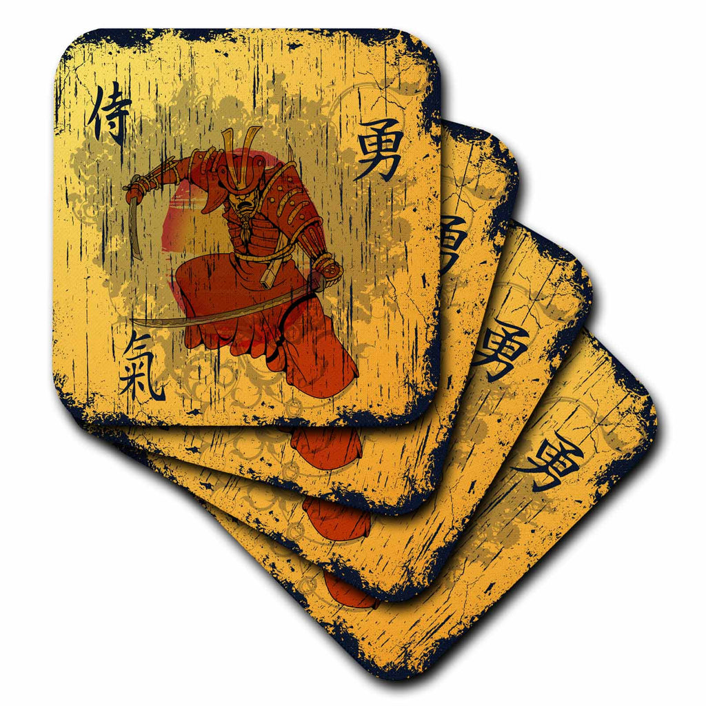 3dRose Dooni Designs Oriental Inspired Designs - Japanese Samurai with Swords Kanji Brave Energy Samurai Symbols Oriental Design - Coasters (CST_116373)