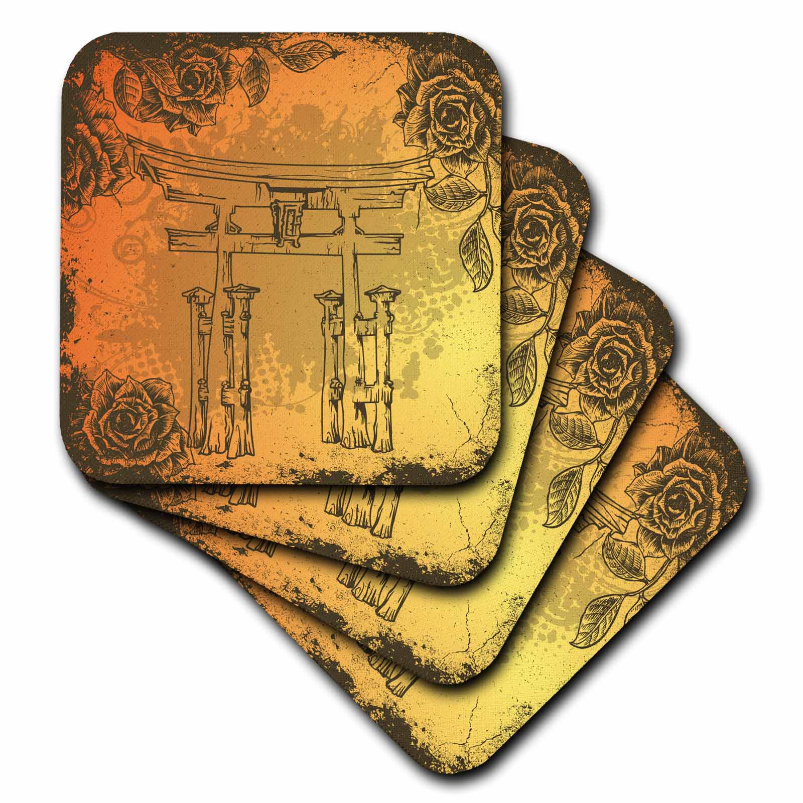 3dRose Dooni Designs Oriental Inspired Designs - Japanese Style Gate With Vintage Faux Etches Roses Oriental Asian Inspired Art Gift - Coasters (cst_116374)