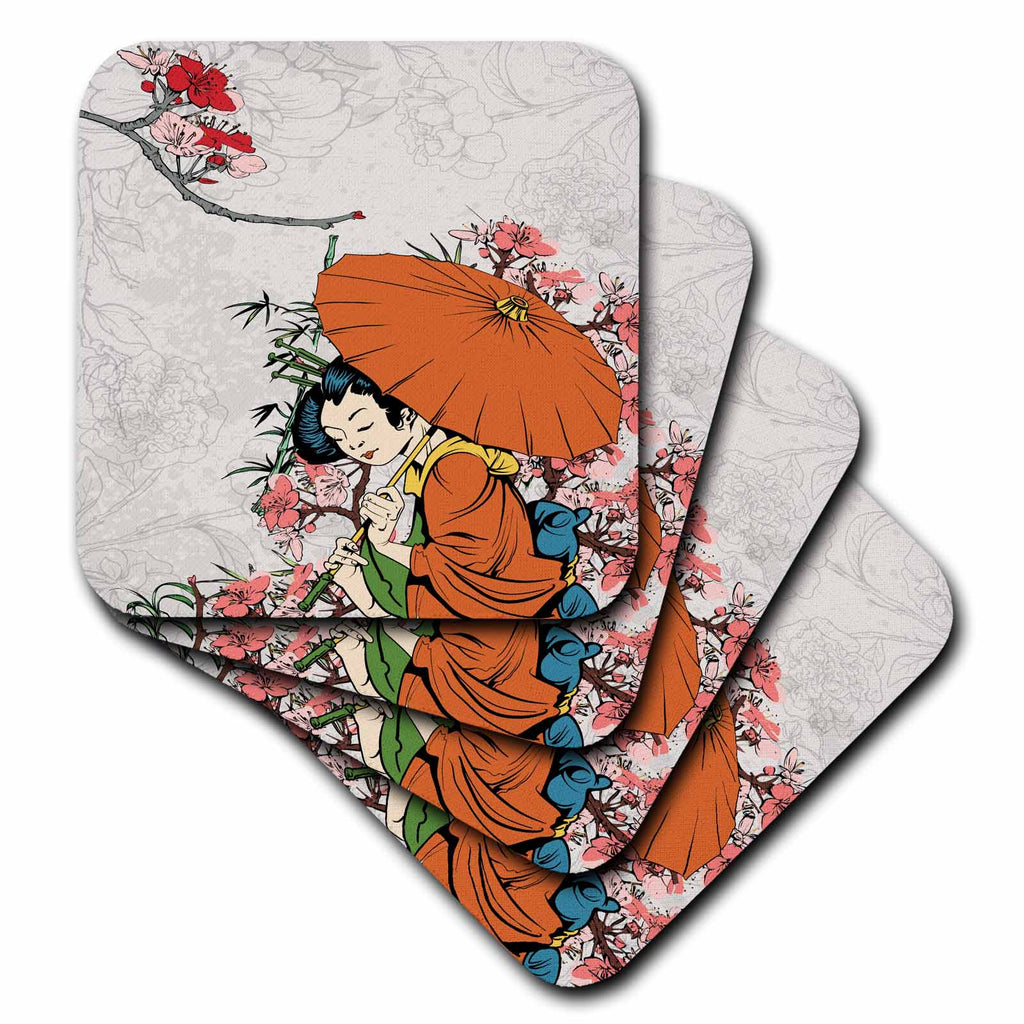 3dRose Dooni Designs Oriental Inspired Designs - Lovely Japanese Geisha with Umbrella and Sakura Cherry Blossom Flowers Illustration - Coasters