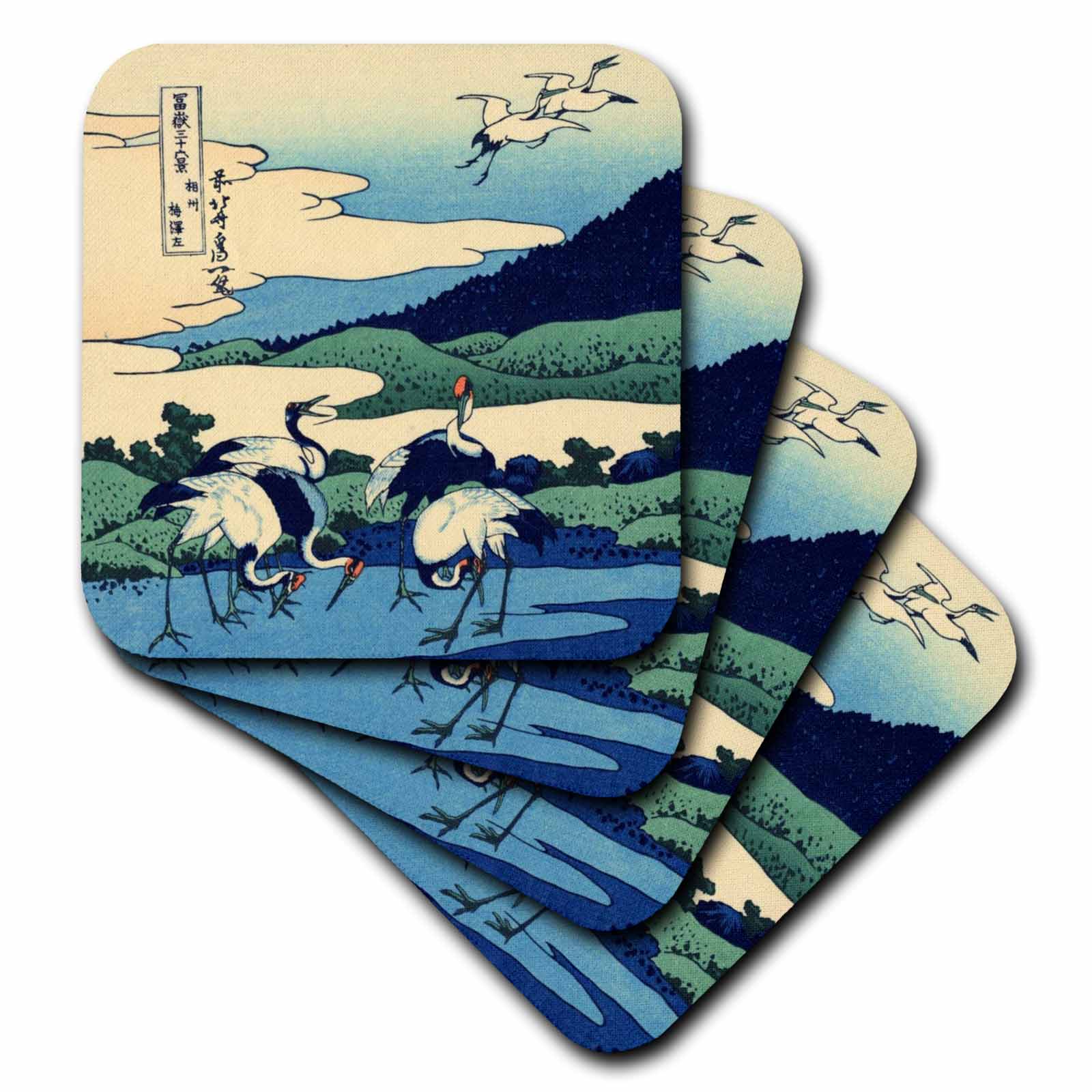 3dRose InspirationzStore Vintage Art - Umegawa in Sagami Province by Hokusai - Japanese fine art - blue classic Japan ukiyoe birds cranes - Coasters (cst_162565)