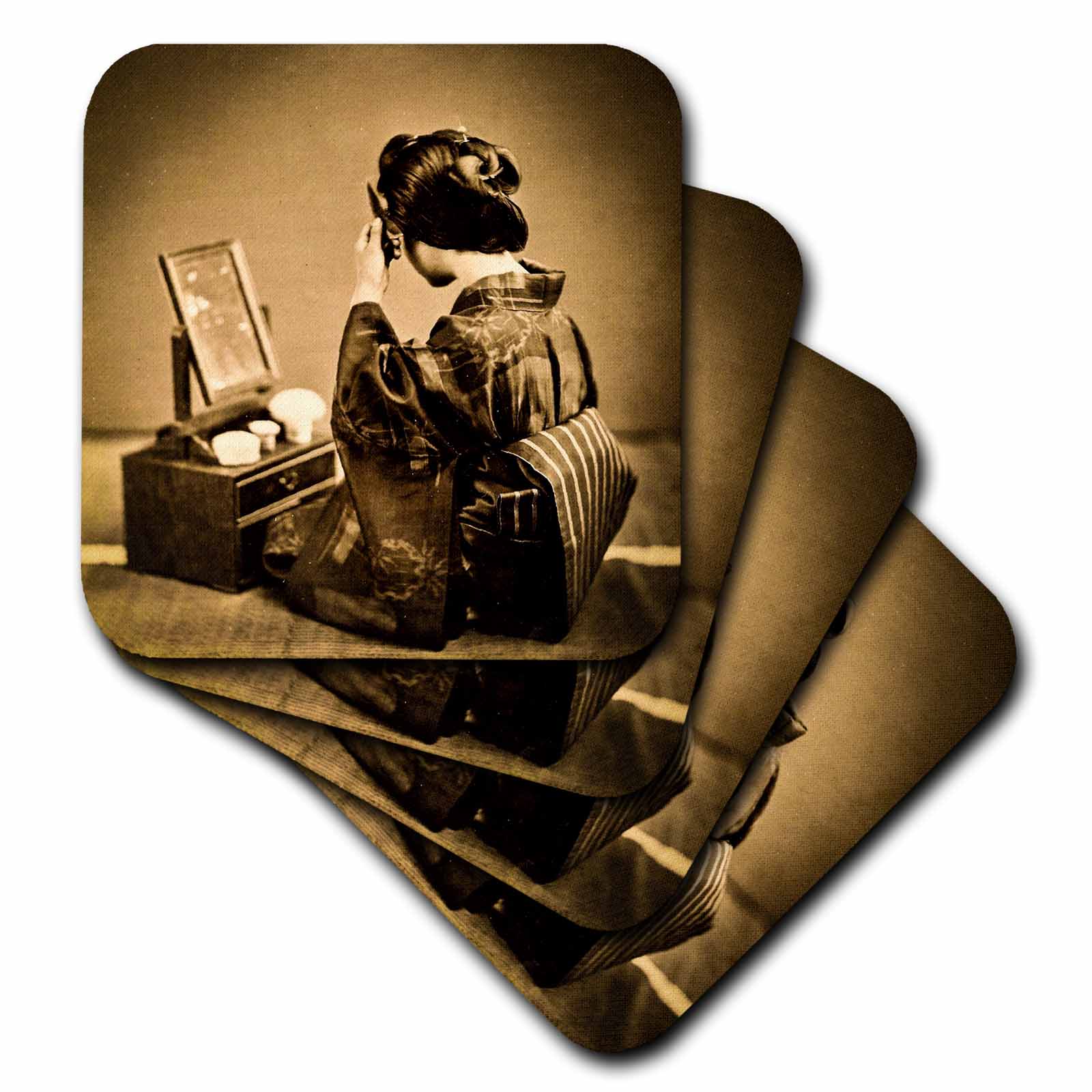 3dRose Scenes from the Past Magic Lantern Slides - Vintage Japanese Geisha Preparing Her Hair and Makeup Circa 1900 - Coasters (cst_246601)
