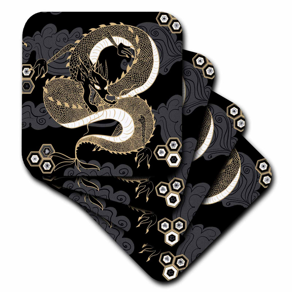 3dRose Janna Salak Designs Dragons - Japanese Serpent Dragon Black and Gold - Coasters (CST_335154)