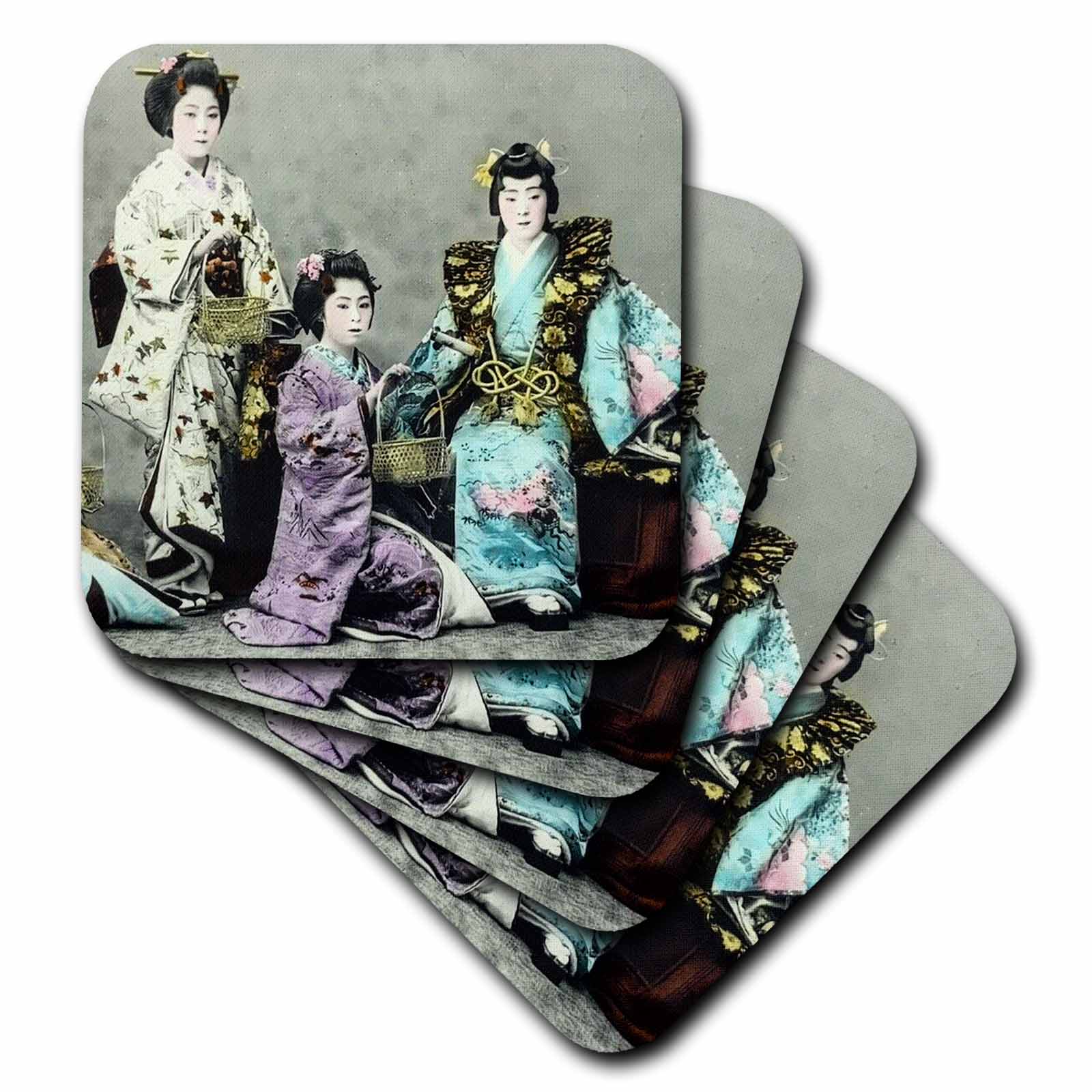3dRose Magic Lantern Slide Japanese Women in Beautiful Kimonos Hand Colored - Coasters (CST_359641)