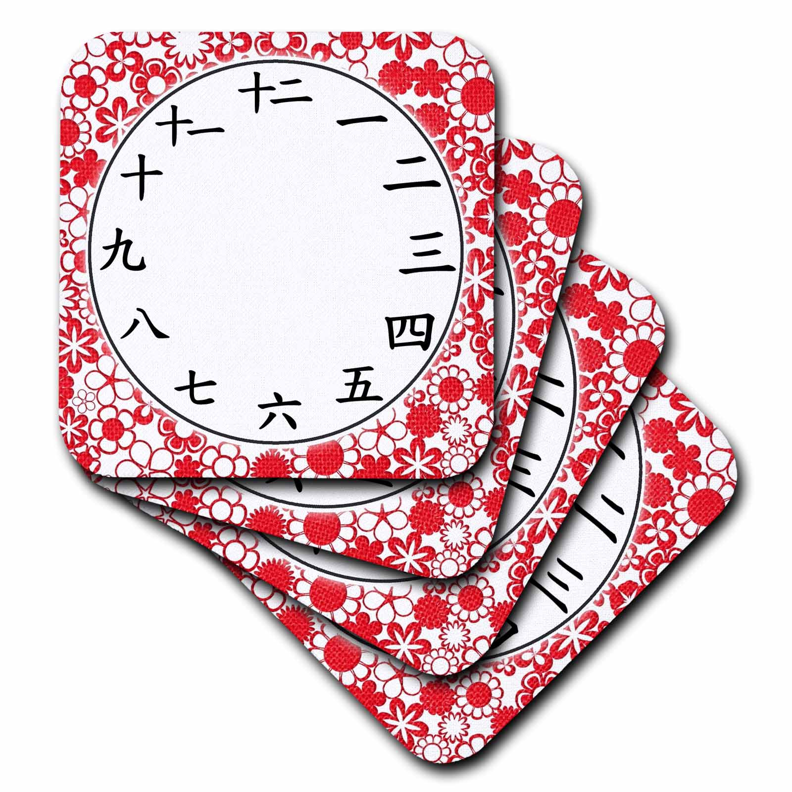 3dRose Japanese Clock face - Kanji Numbers - Red Flower Pattern Modern Retro - Coasters (cst-362972)