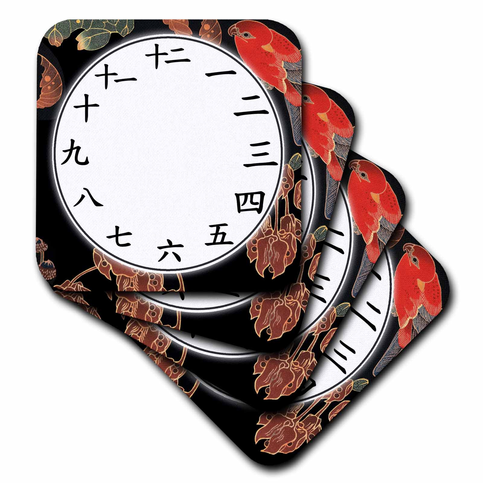 3dRose Japanese Clock face - Kanji Numbers - Ito Jakuchu Red Parrot Bird Art - Coasters (cst-362979)