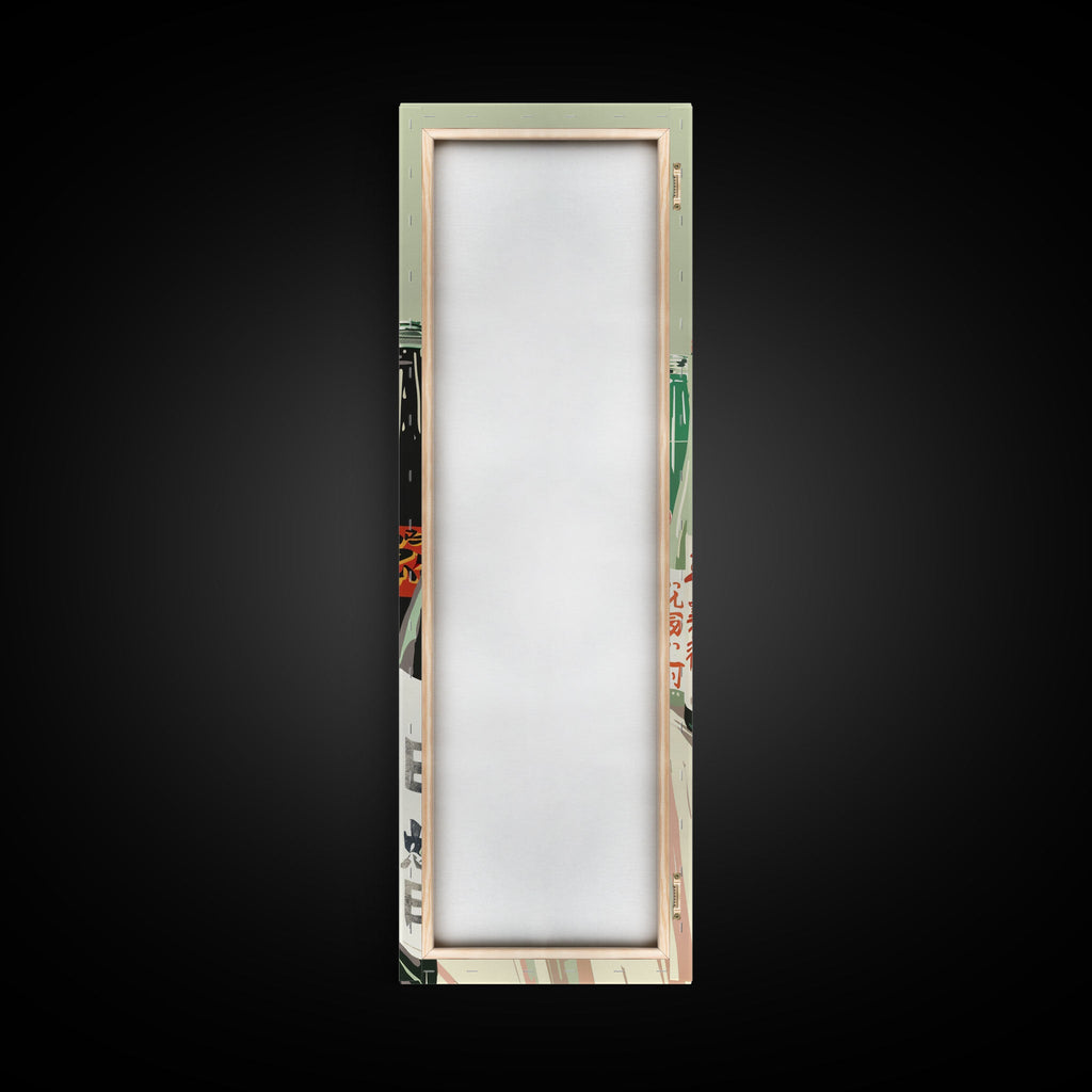 Array Of Japanese Sake Bottles With Minimalistic Labels Arranged Simple Composition Captured Tall Framed Canvas Print Bar Decor