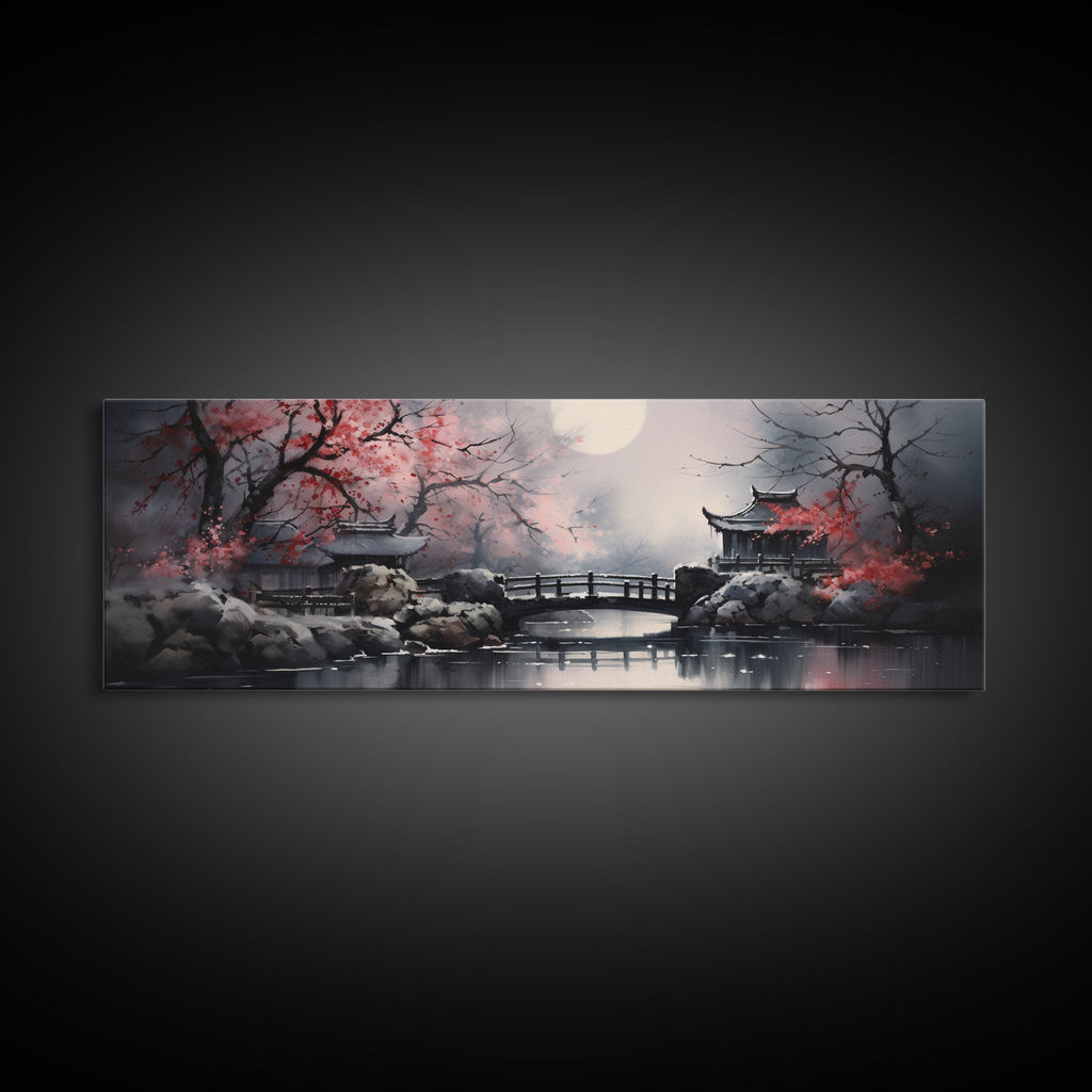 Japanese Hashi Bridge in The Spring, Framed Canvas Print, Japanese Maple Trees Along A Stream, Asian Inspired Artwork