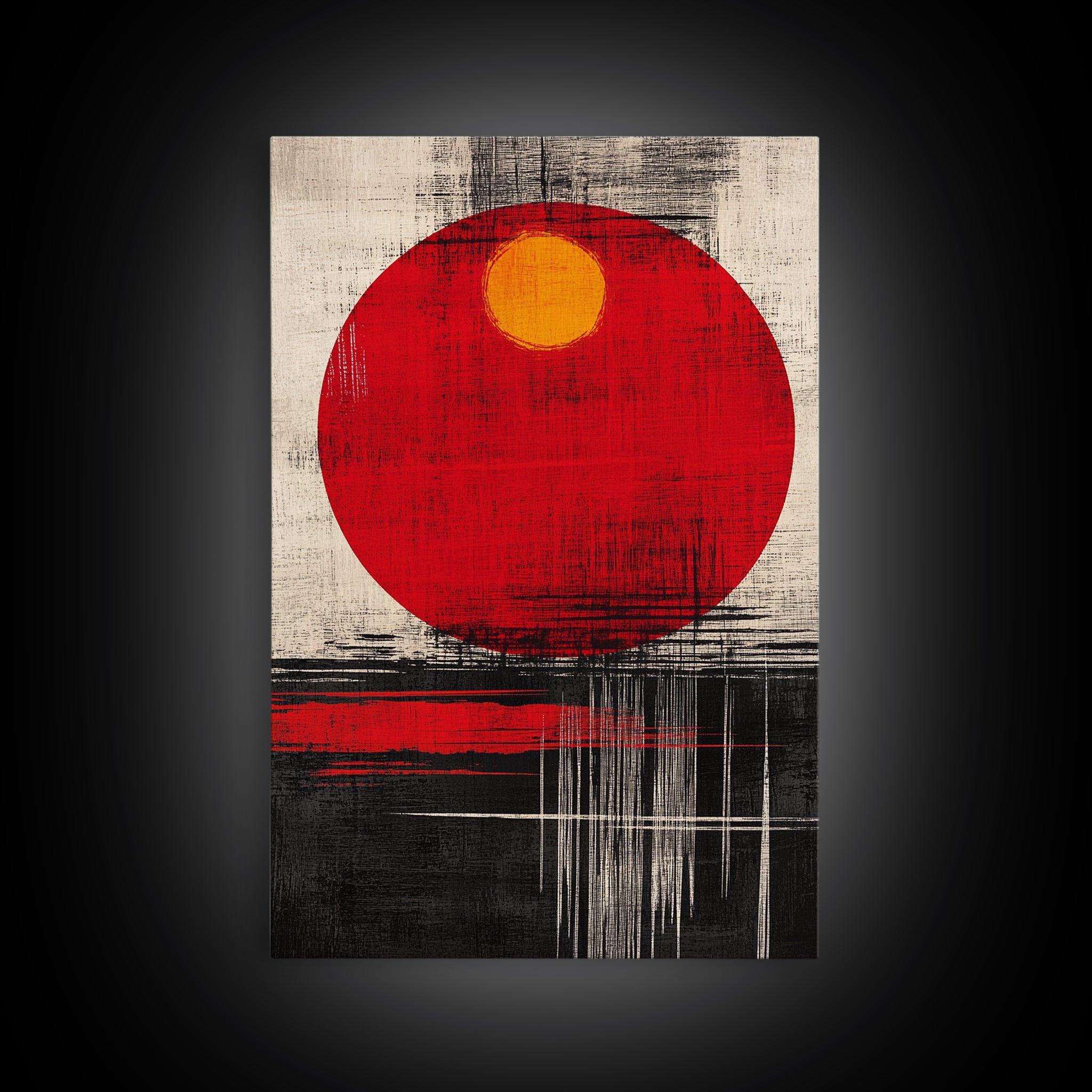 The Rising Sun, Framed Canvas Print, Retro Japanese Wood Block Print Style Artwork, Vintage / Distressed Wall Art, Office Decor