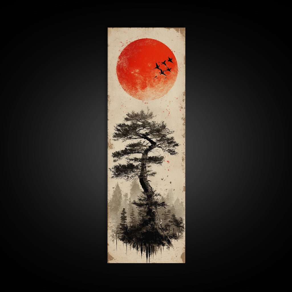 Bold Red Sun Pine Tree Framed Canvas Print Japanese Inspired Minimalist Wall Art Rustic Zen Decor Unique Vertical Nature Artwork