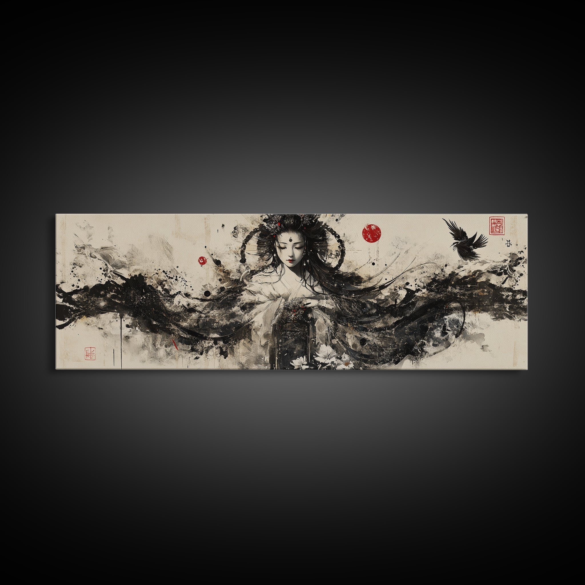 Ethereal Goddess Framed Canvas Print Moody Art Japanese-Style Dark Angels Wall Art Feminine Zen Artwork Rustic Decor