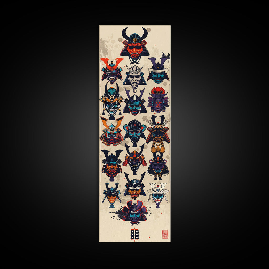 Canvas Print Traditional Japanese Samurai Helmets Collection, Intricate Details In Warrior Masks, Bold Cultural Decor For Any Space