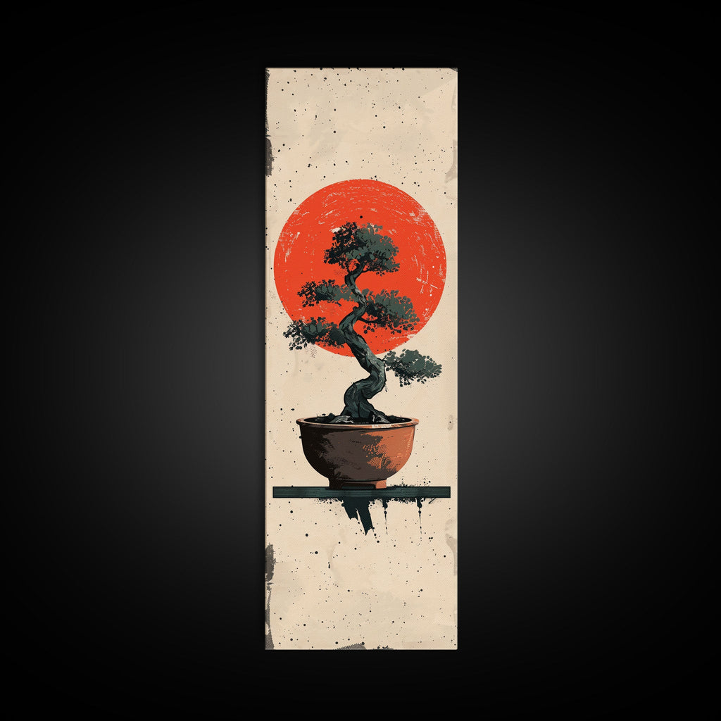 Canvas Print Bonsai Tree Silhouette Against Red Sun, Minimalistic Japanese Style Art For Modern Home, Wall Decoration