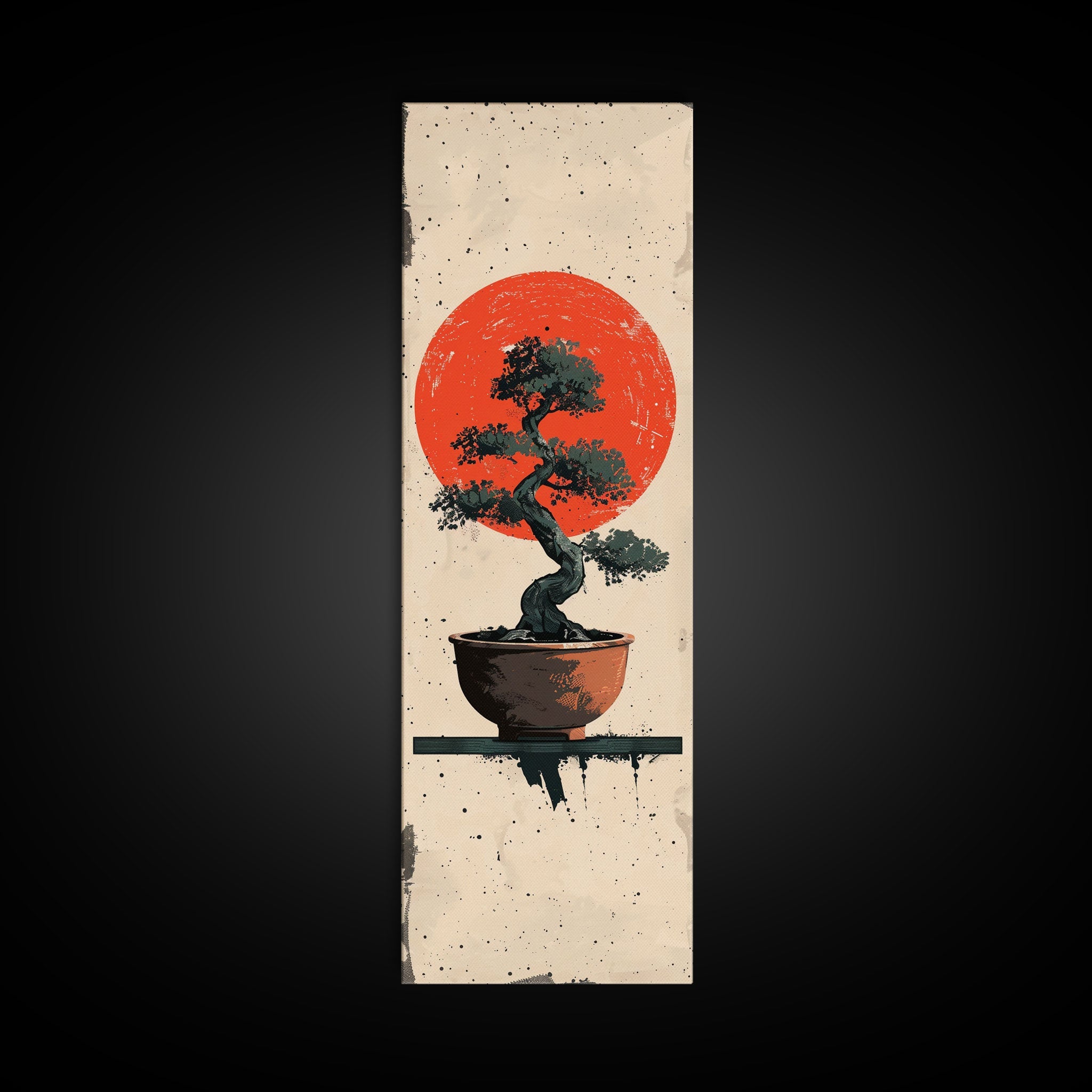 Canvas Print Bonsai Tree Silhouette Against Red Sun, Minimalistic Japanese Style Art For Modern Home, Wall Decoration