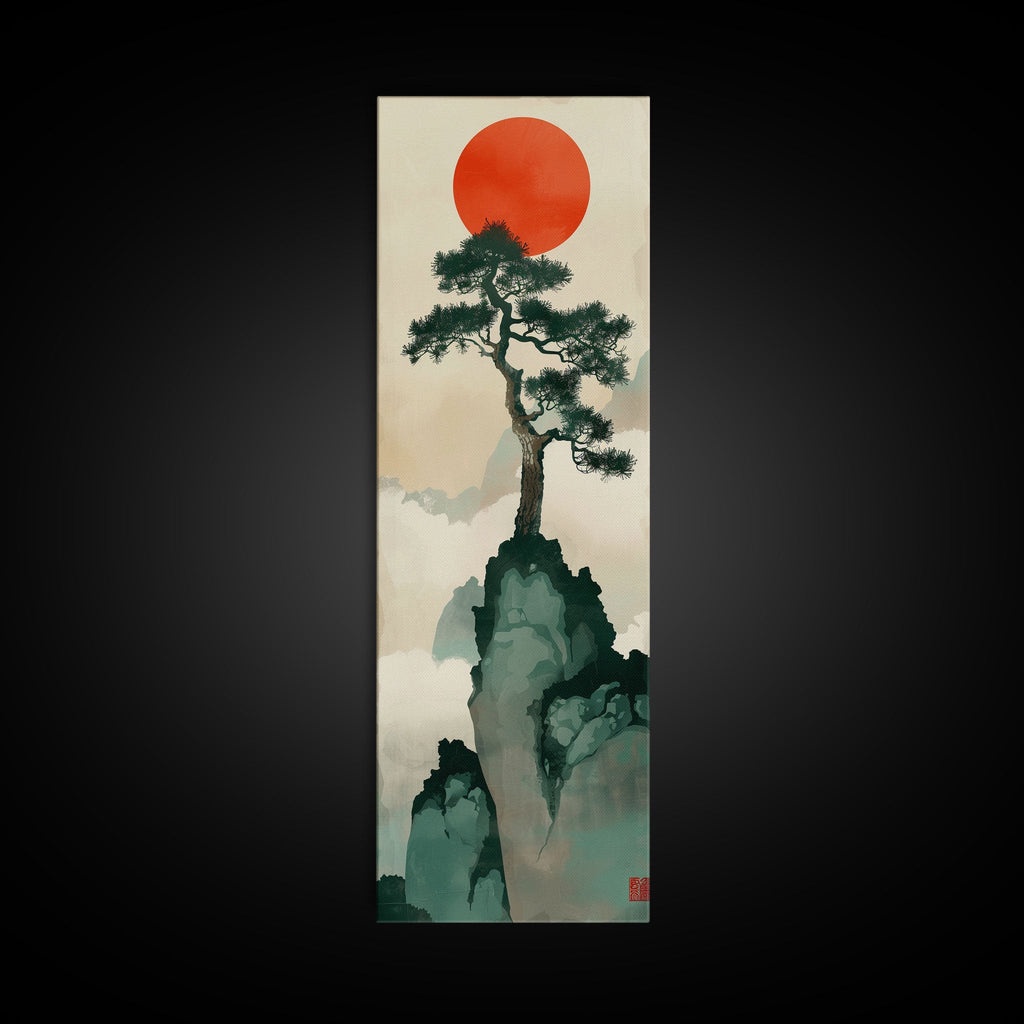 Bonsai Tree Mountain Red Sun Japanese Tall Wall Art Skinny Framed Canvas Print Ukiyo-e Style