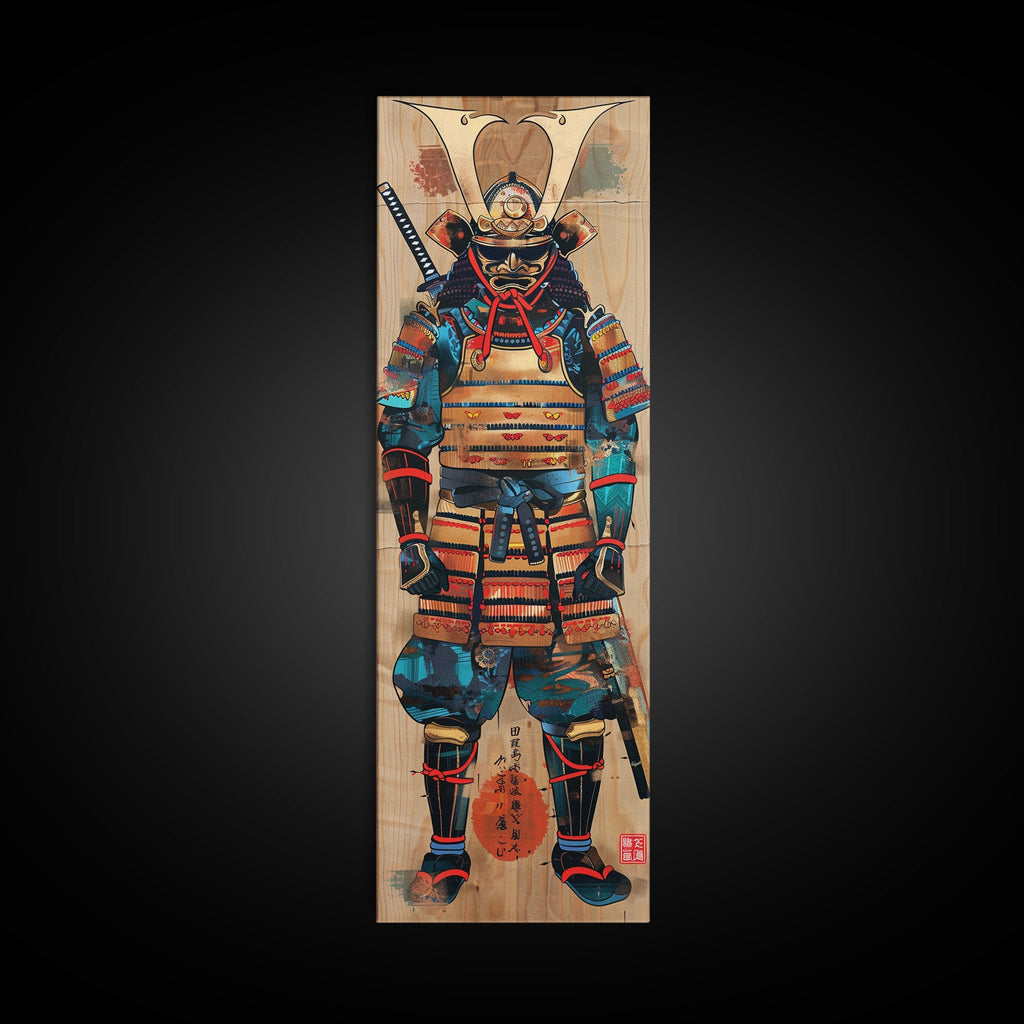 Skinny Art, Tall Art, Samurai Armor Wood Block Print Framed Canvas Print Japanese Style Art Ukiyo-e Art