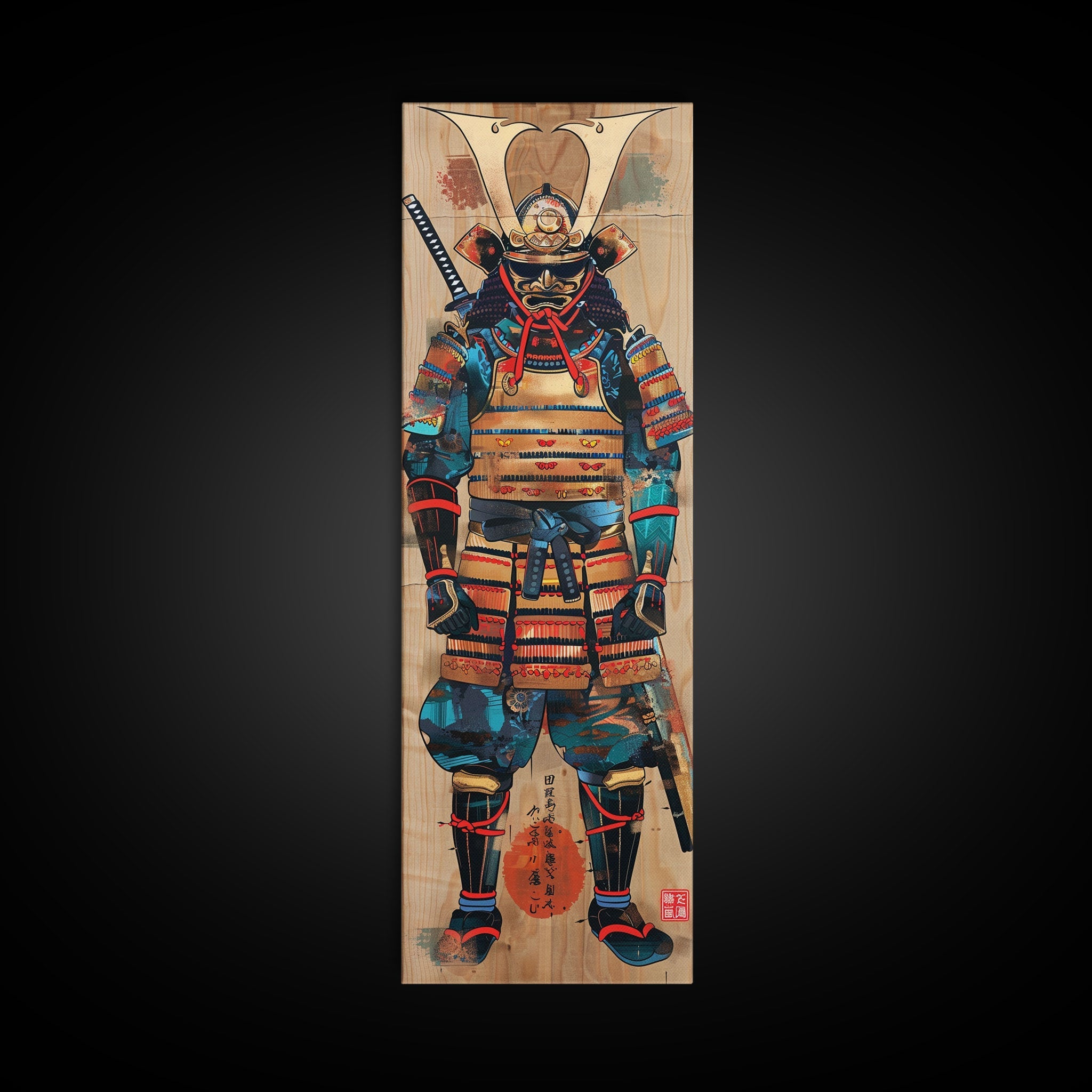 Skinny Art, Tall Art, Samurai Armor Wood Block Print Framed Canvas Print Japanese Style Art Ukiyo-e Art