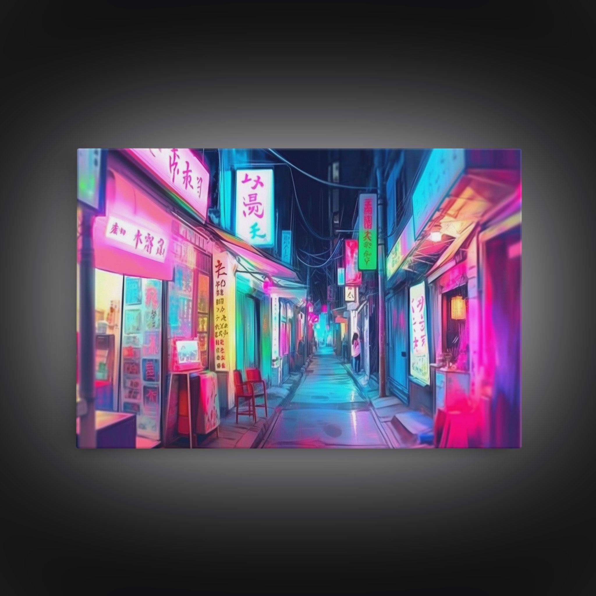 Retro Japanese market Wall art, Framed Canvas Print, Neon Style, Living room decor, Pop Art, Neon colors, Pink colors, Above bed art