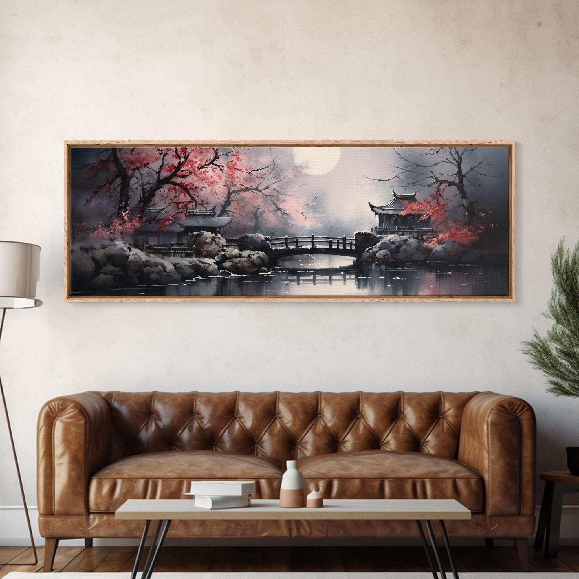 Japanese Hashi Bridge in The Spring, Framed Canvas Print, Japanese Maple Trees Along A Stream, Asian Inspired Artwork