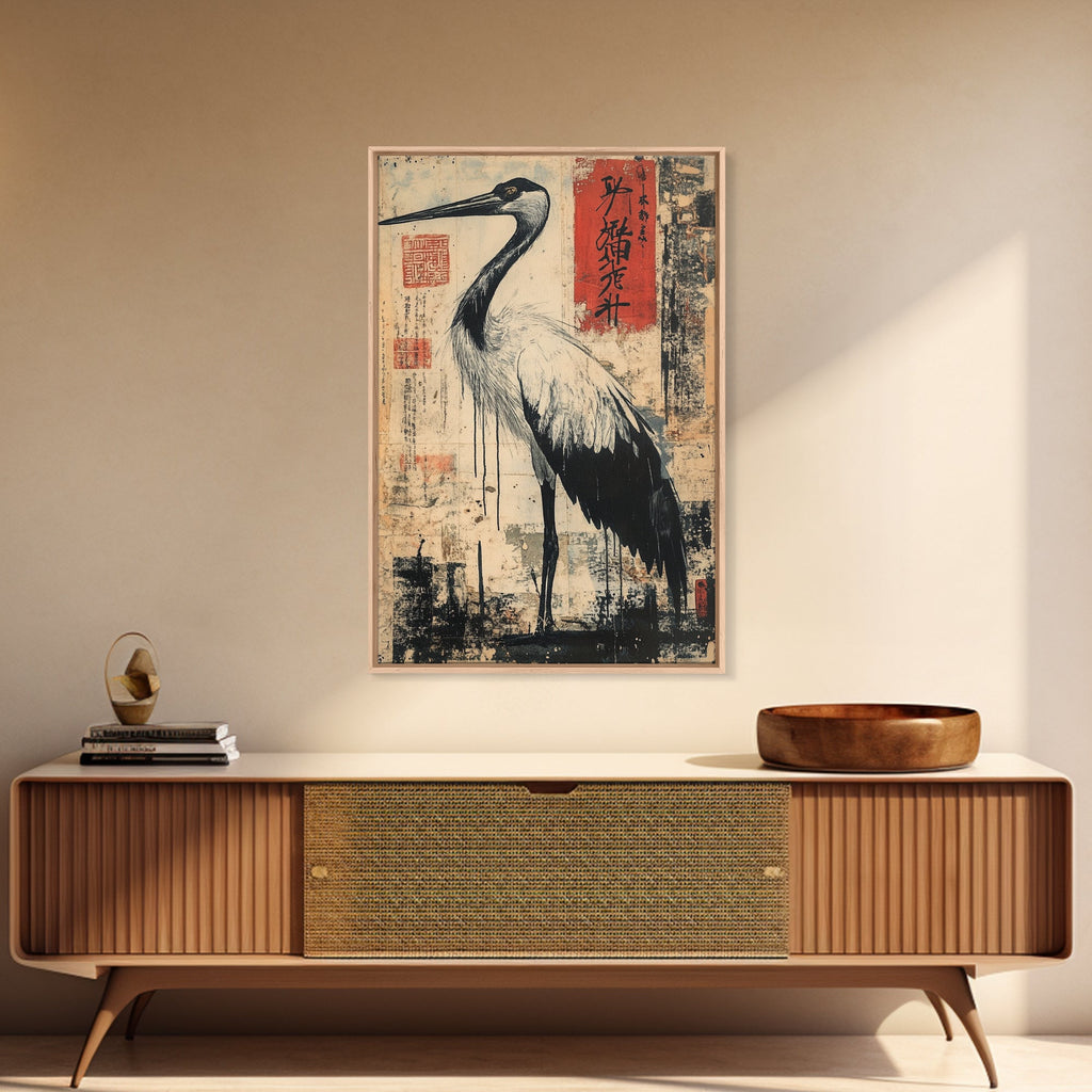 Blue Heron Wall Art Framed Canvas Print Ready To Hang, Japanese Style Wabi Sabi Art, Coastoal Decor