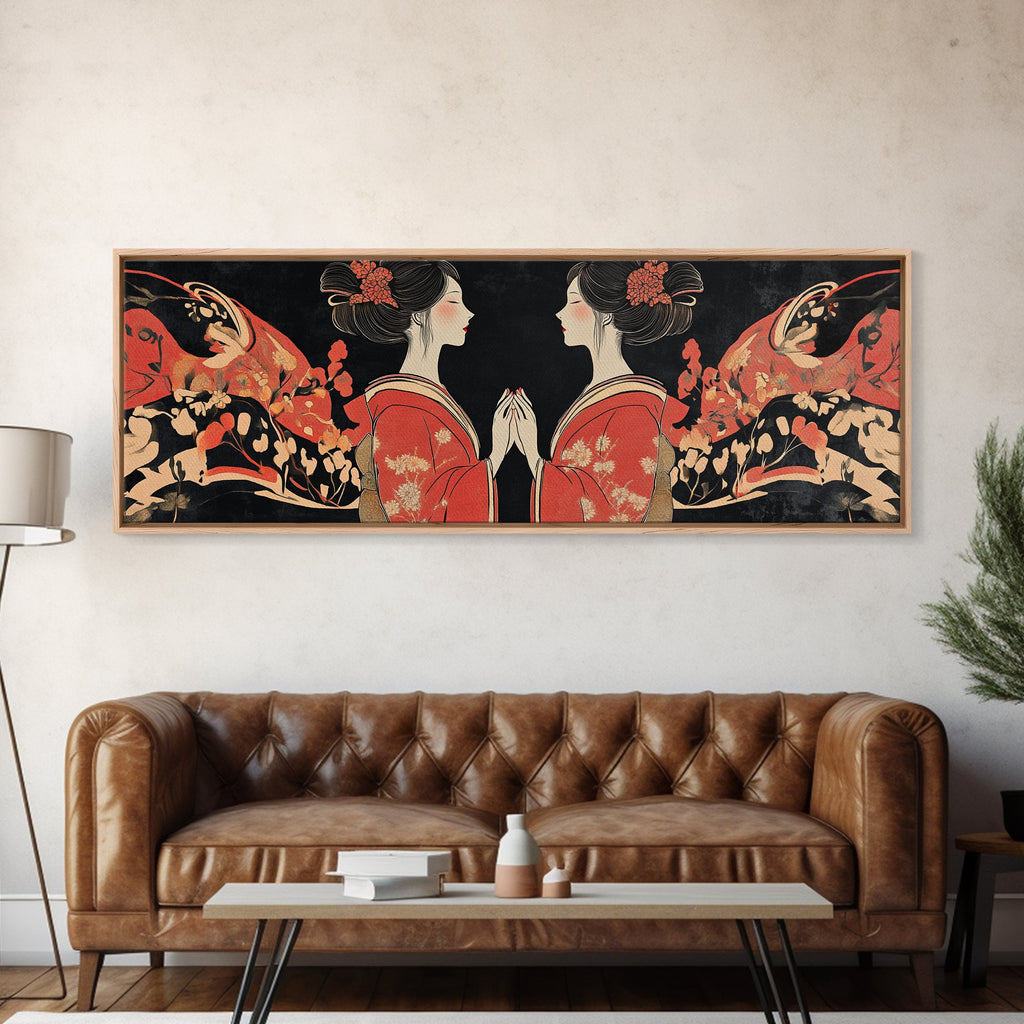 Elegant Geisha Framed Canvas Print Chinoiserie Art Nouveau Print Japanese Zen Art Gift Idea for Her Bedroom Living Room Wall Decor