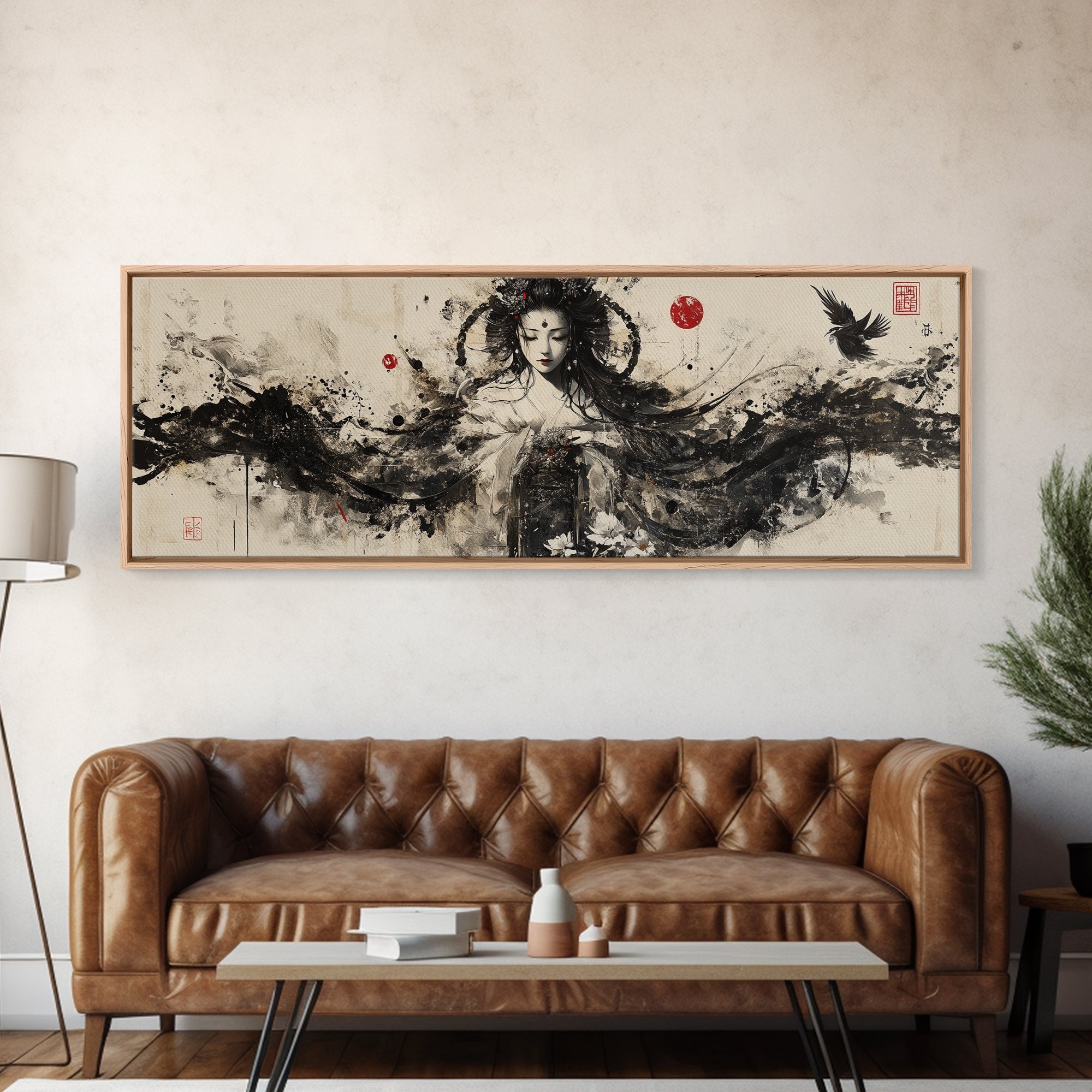 Ethereal Goddess Framed Canvas Print Moody Art Japanese-Style Dark Angels Wall Art Feminine Zen Artwork Rustic Decor