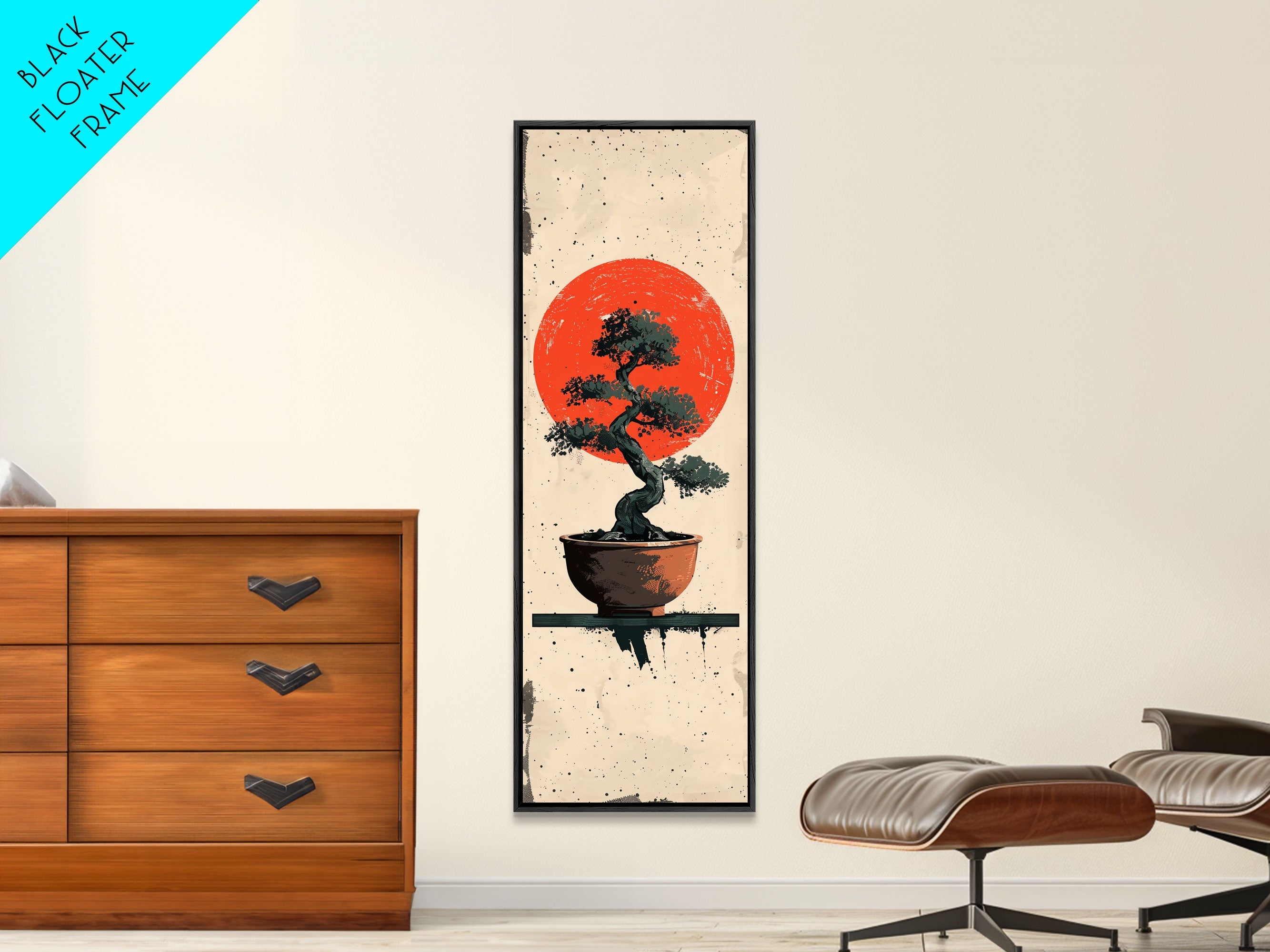 Canvas Print Bonsai Tree Silhouette Against Red Sun, Minimalistic Japanese Style Art For Modern Home, Wall Decoration