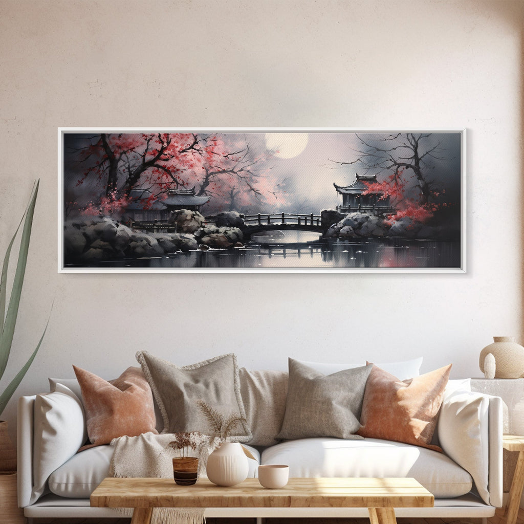 Japanese Hashi Bridge in The Spring, Framed Canvas Print, Japanese Maple Trees Along A Stream, Asian Inspired Artwork