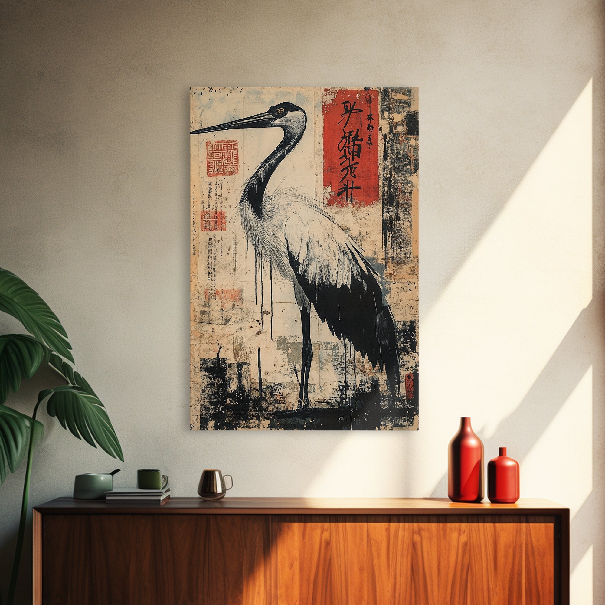 Blue Heron Wall Art Framed Canvas Print Ready To Hang, Japanese Style Wabi Sabi Art, Coastoal Decor